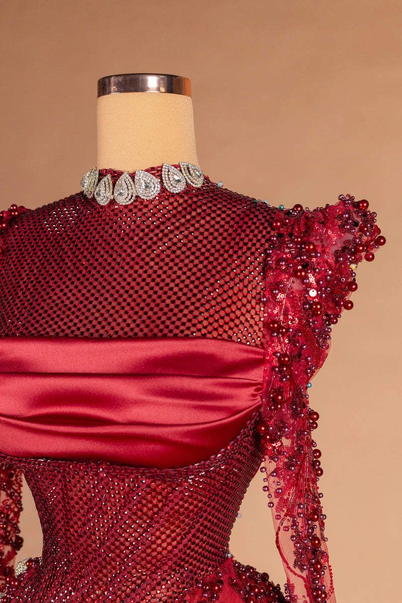Sihëna Garnet Vesper — crimson high-neck long-sleeve column evening dress