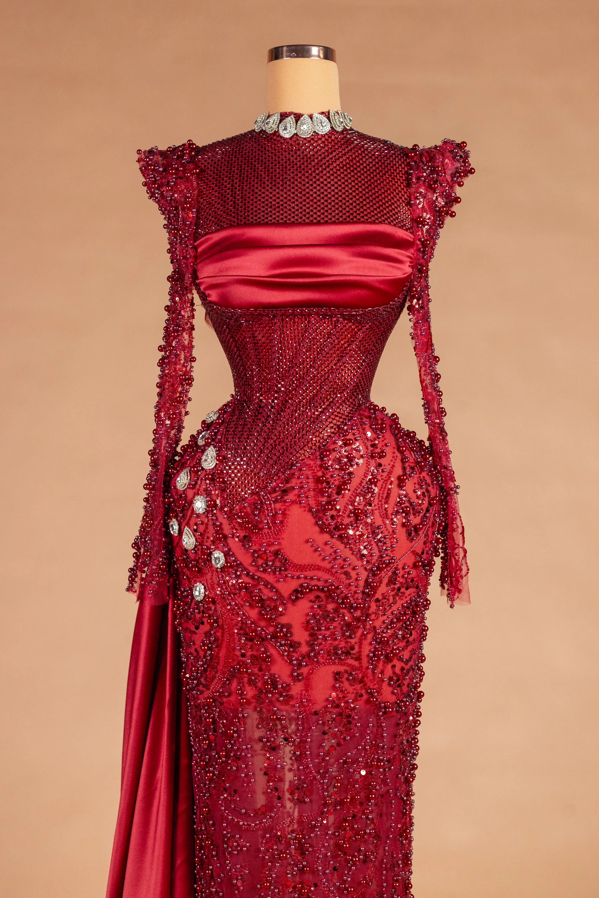 Sihëna Garnet Vesper — crimson high-neck long-sleeve column evening dress