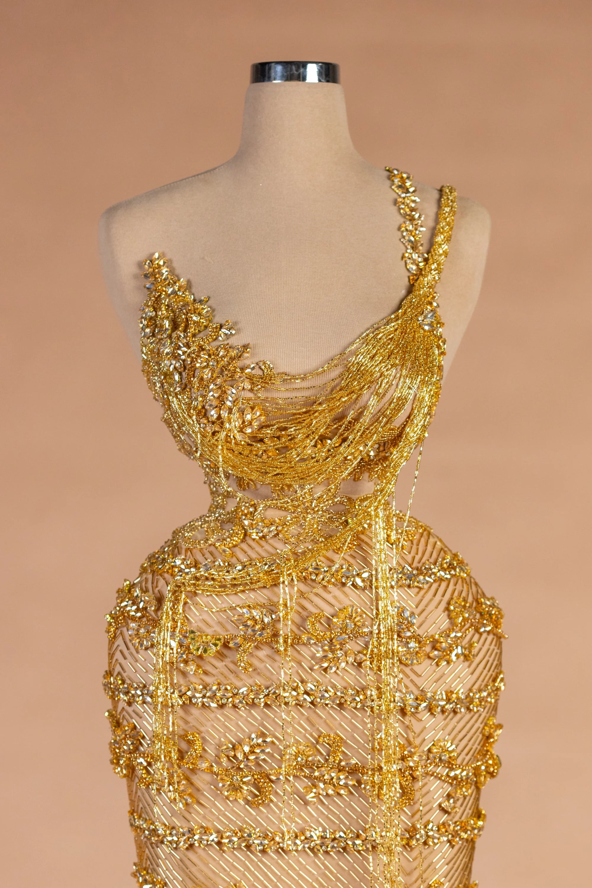 Sihëna Gilded Parure — gold asymmetric sleeveless column evening dress