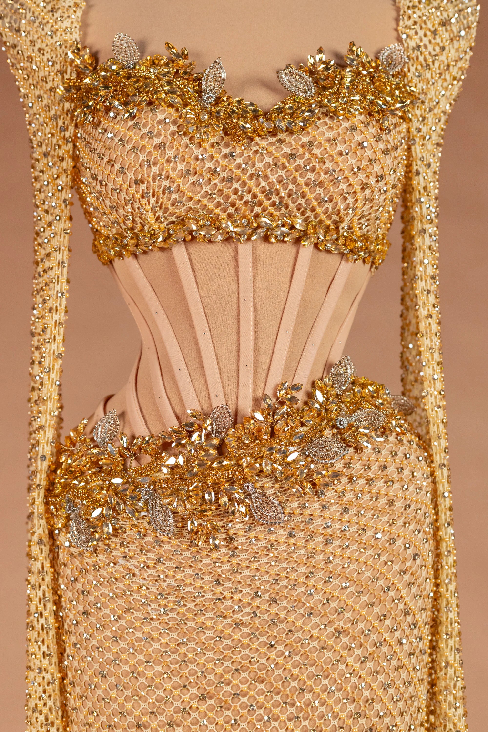 Sihëna Golden Nectar — gold square long-sleeve mermaid evening dress