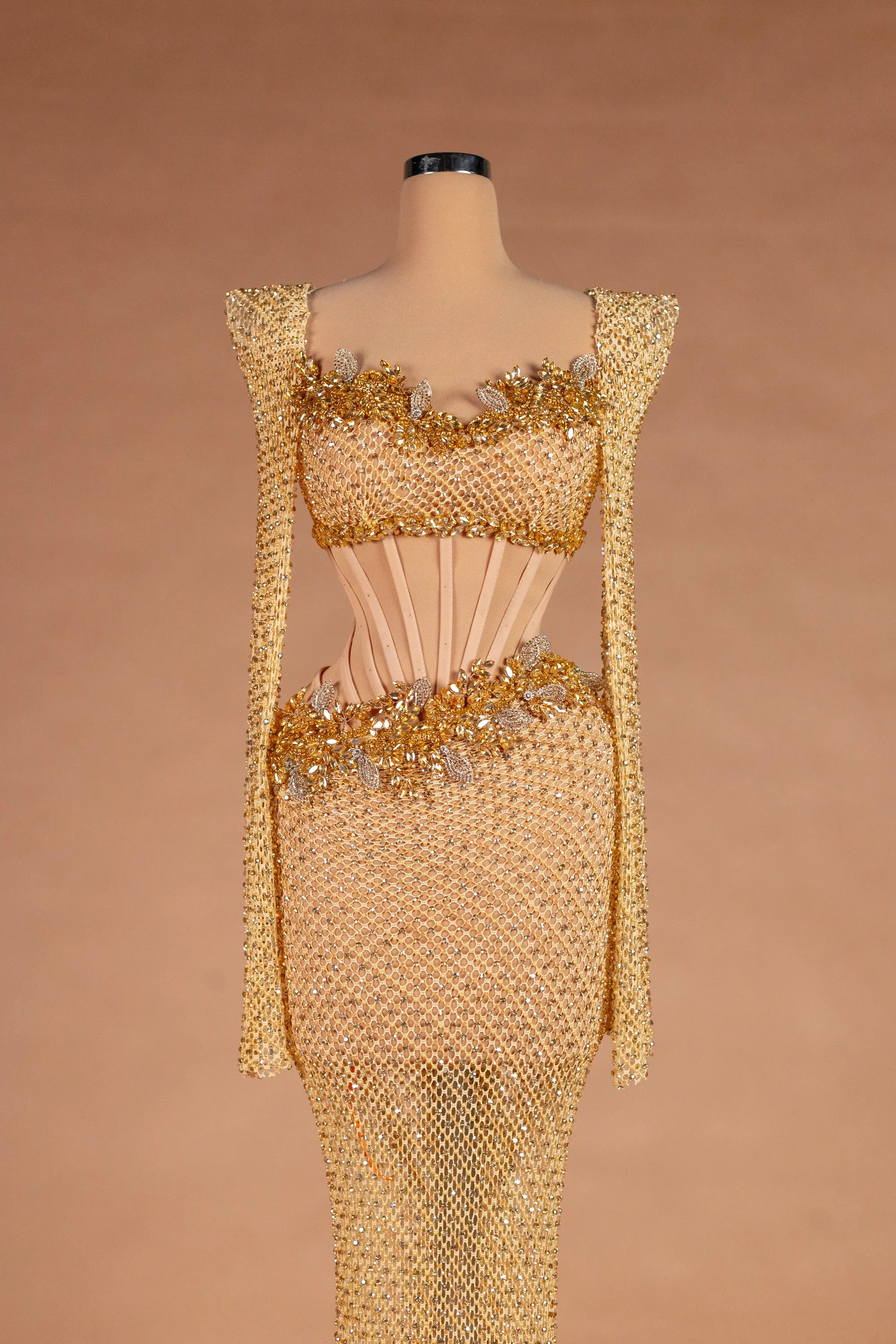 Sihëna Golden Nectar — gold square long-sleeve mermaid evening dress