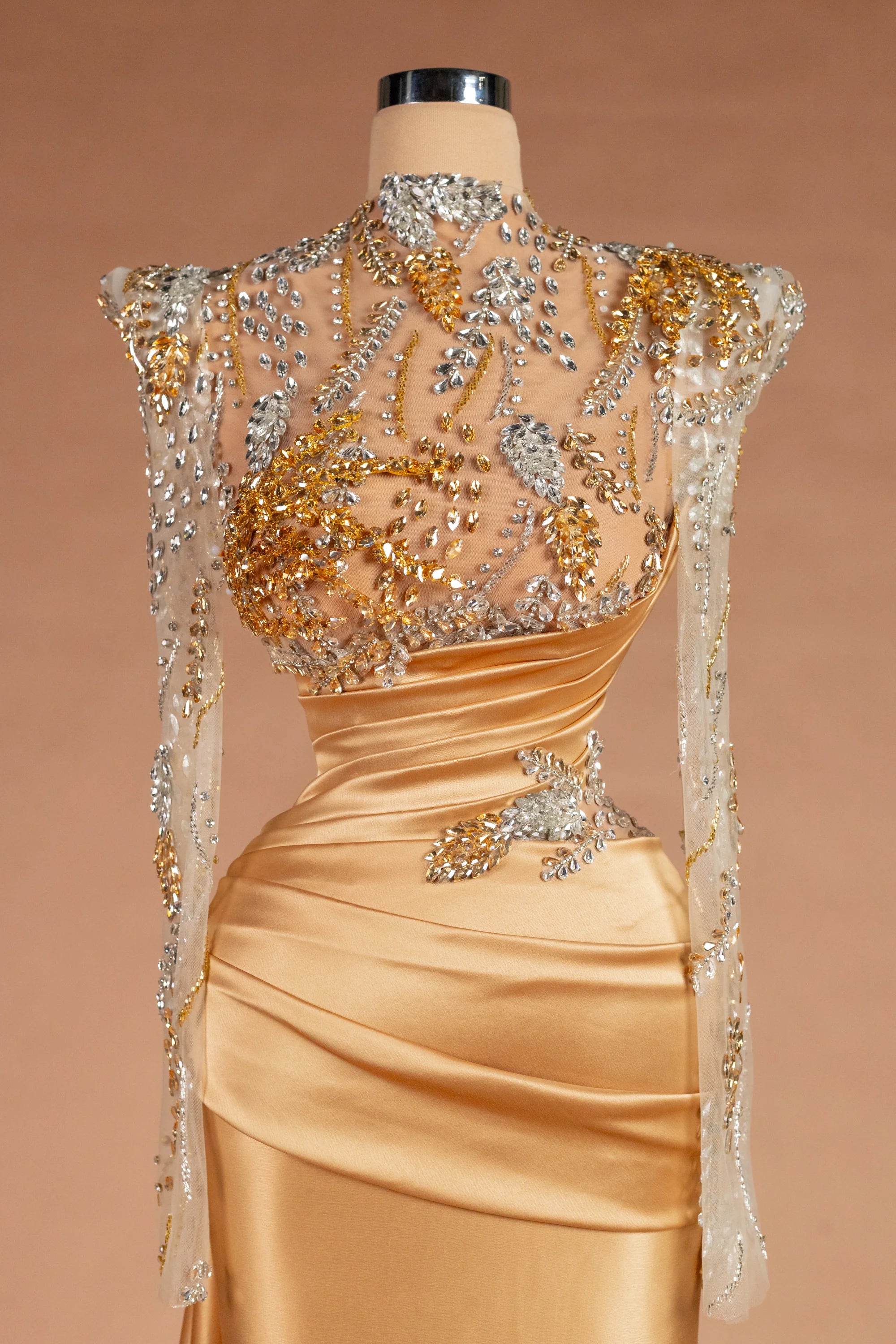 Sihëna Goldleaf Regent — gold high-neck long-sleeve column evening dress
