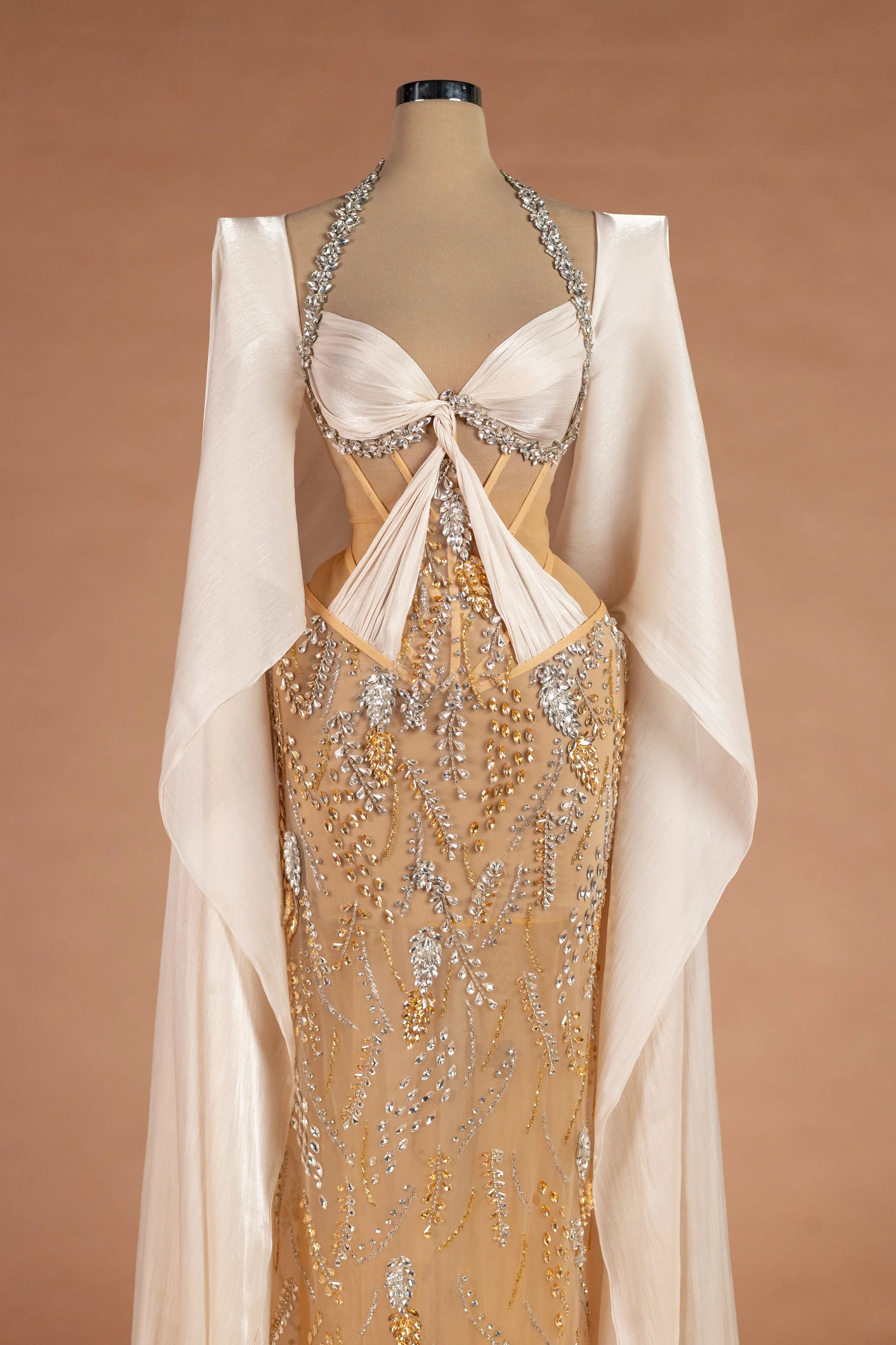 Sihëna Gossamer Moonrise — champagne halter cape-sleeve column evening dress