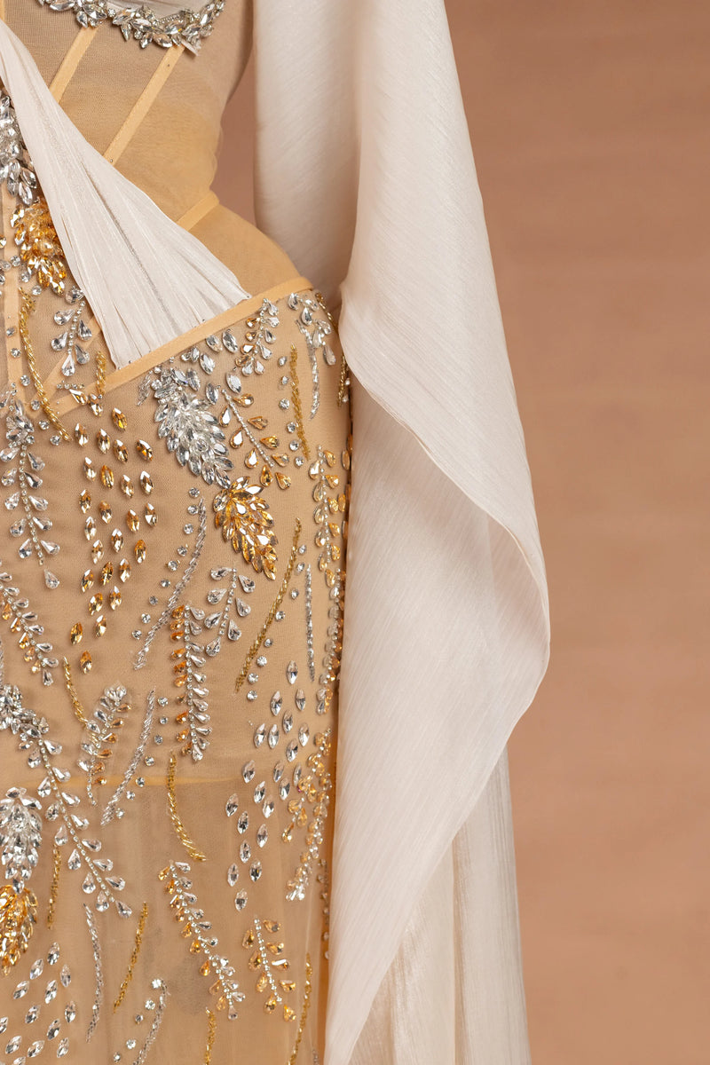 Sihëna Gossamer Moonrise — champagne halter cape-sleeve column evening dress