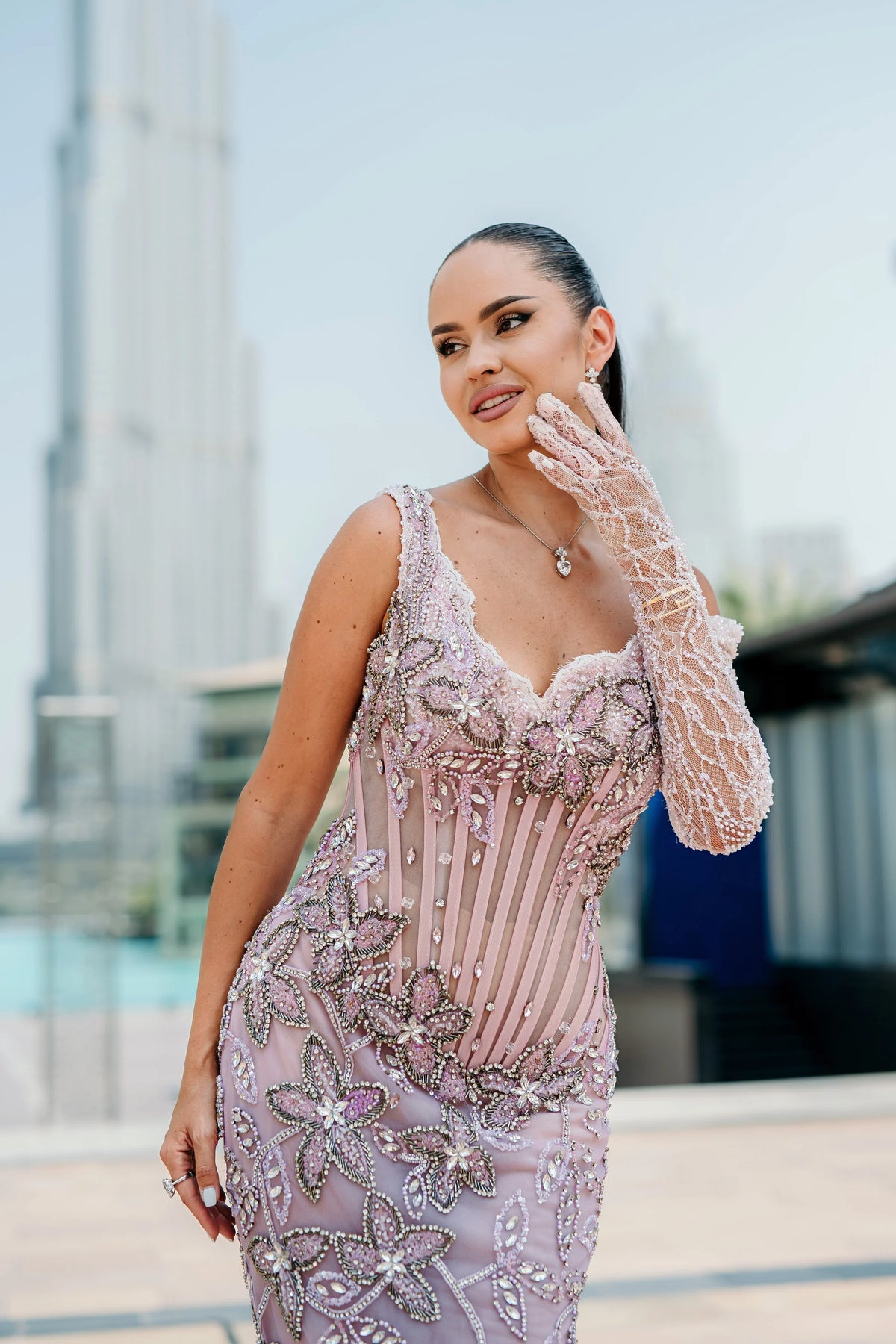Sihëna Heather Twilight — lilac one-shoulder long-sleeve column evening dress