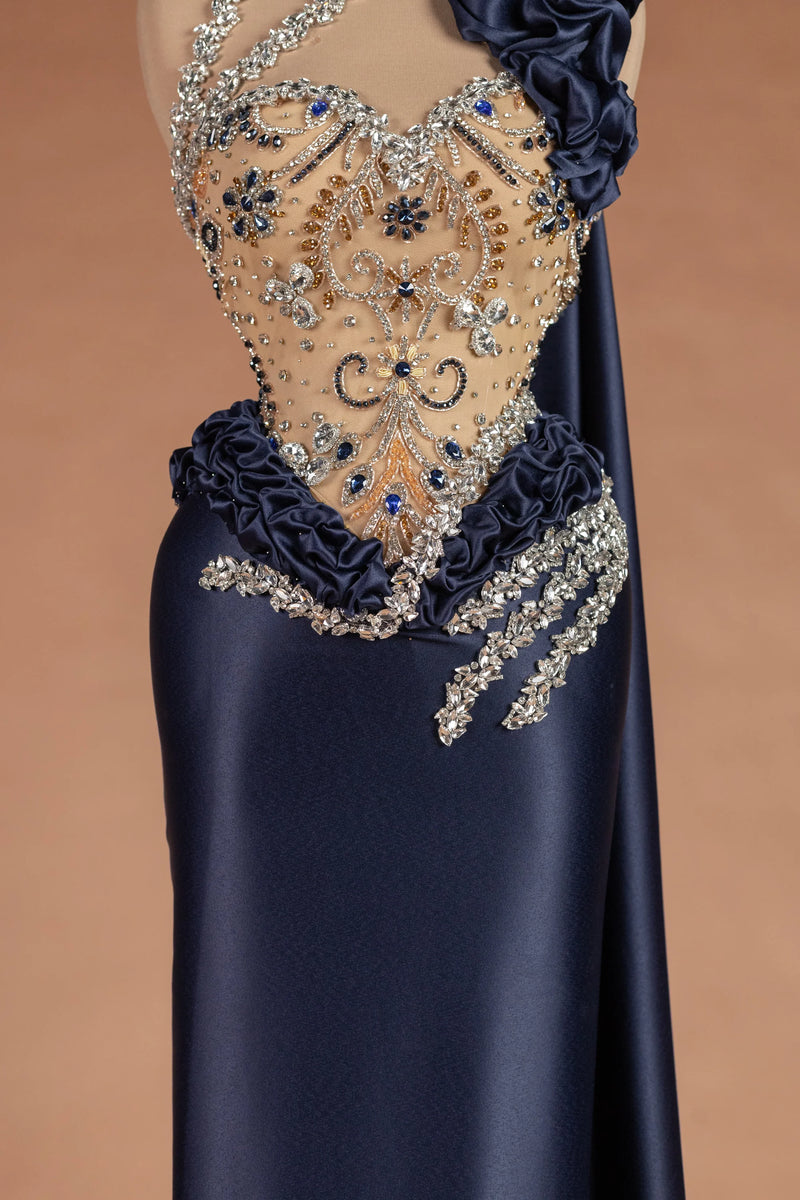 Sihëna Ink Rose — navy asymmetric sleeveless column evening dress