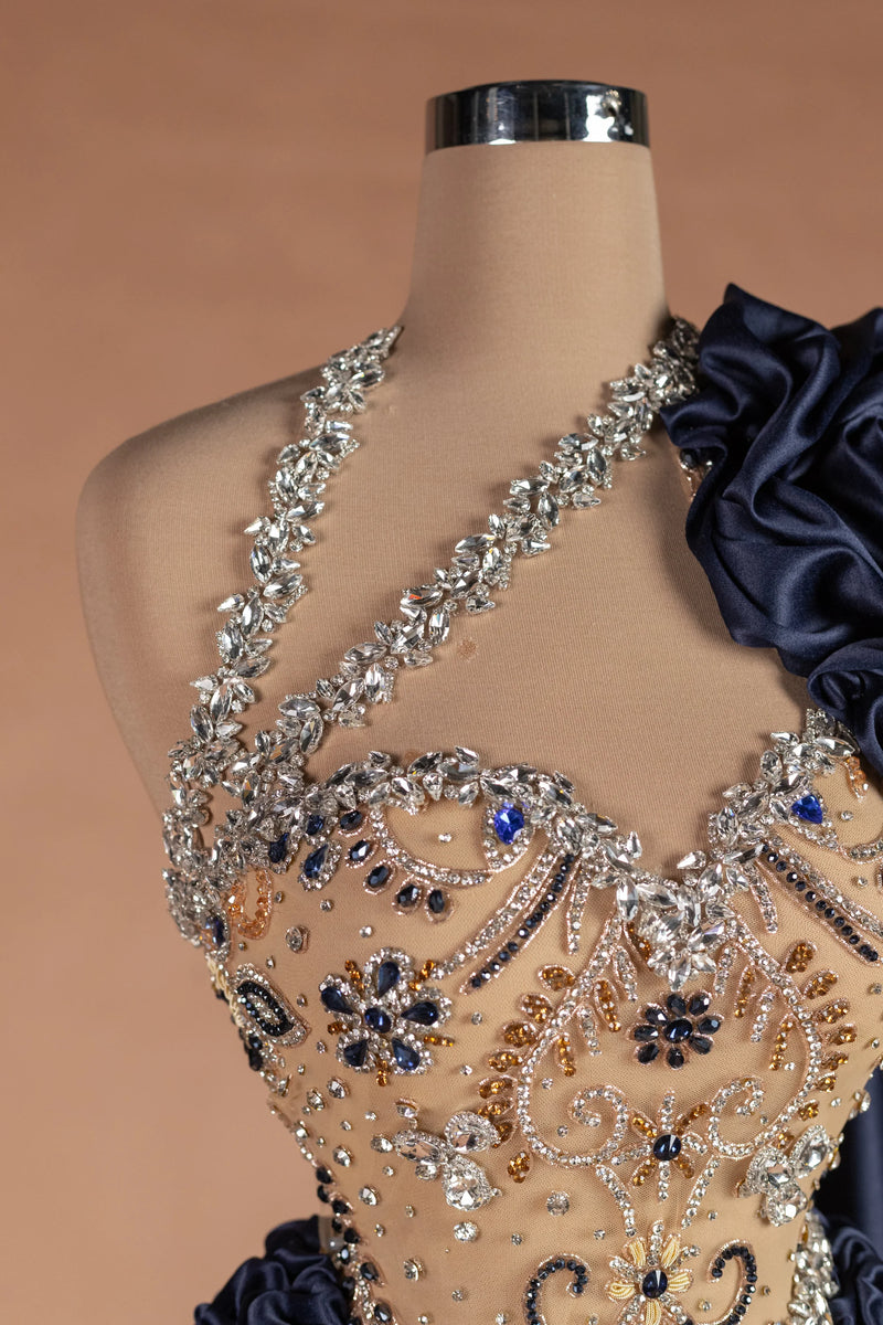 Sihëna Ink Rose — navy asymmetric sleeveless column evening dress