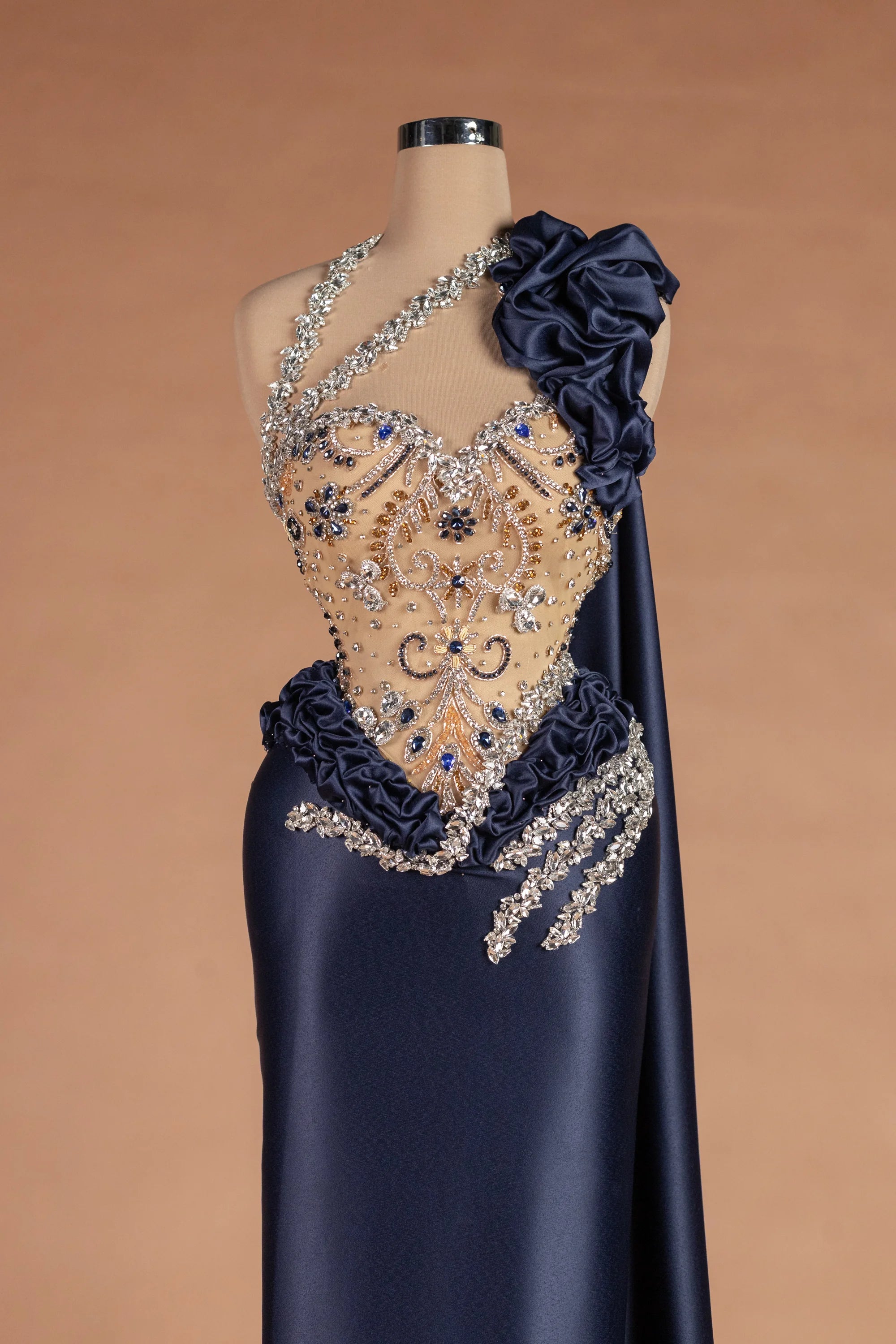 Sihëna Ink Rose — navy asymmetric sleeveless column evening dress