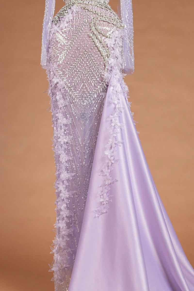 Sihëna Iris Starfall — lilac illusion long-sleeve column evening dress