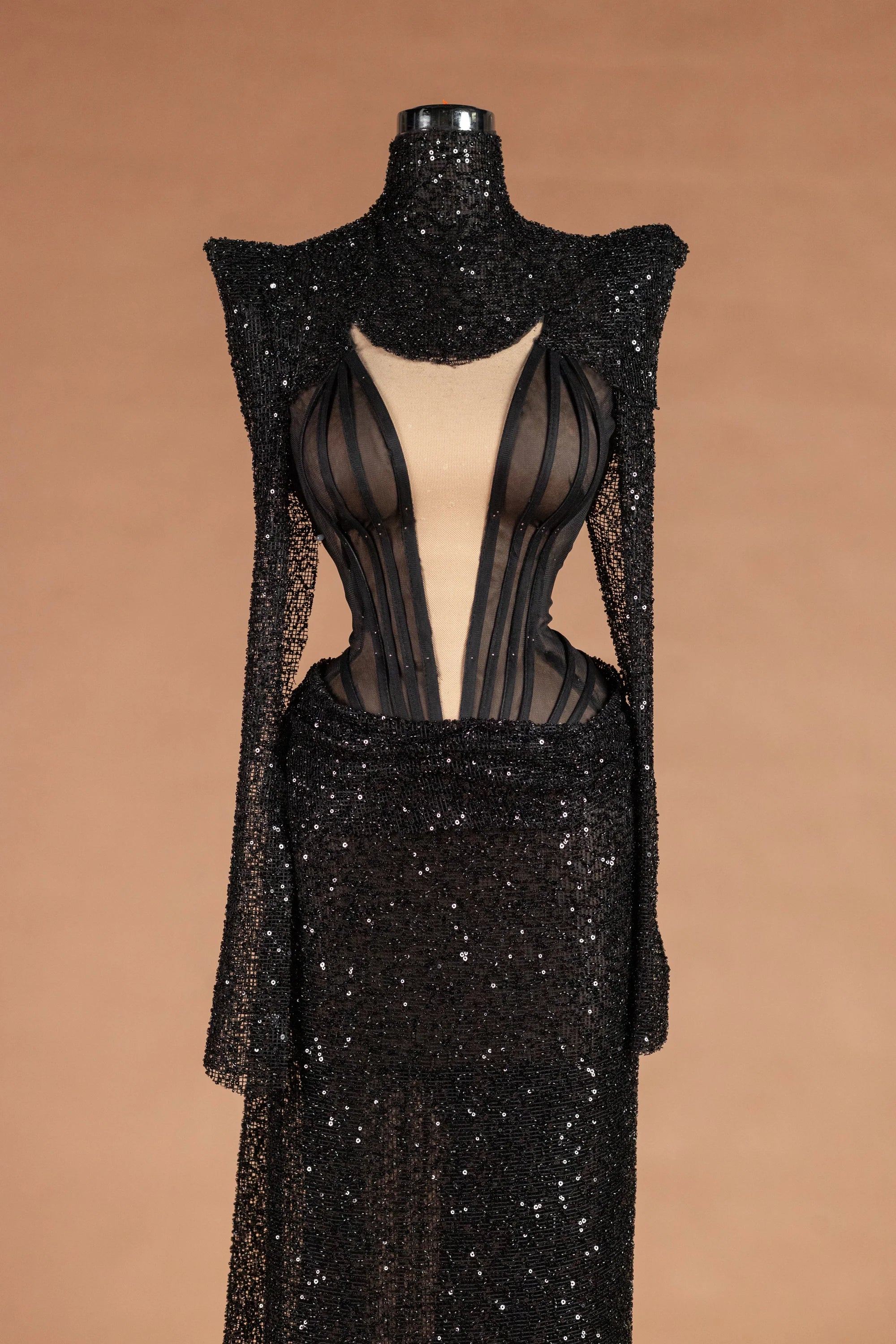 Sihëna Jet Vesper — black high-neck long-sleeve column evening dress