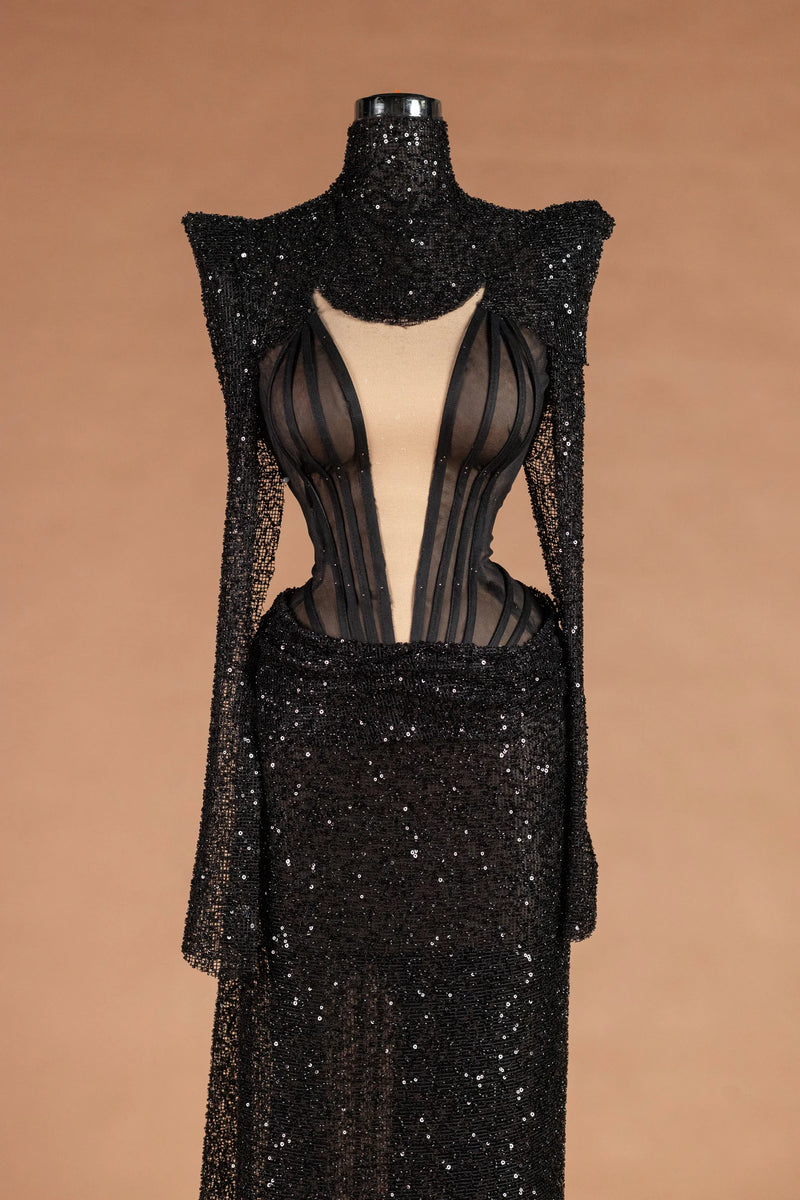 Sihëna Jet Vesper — black high-neck long-sleeve column evening dress