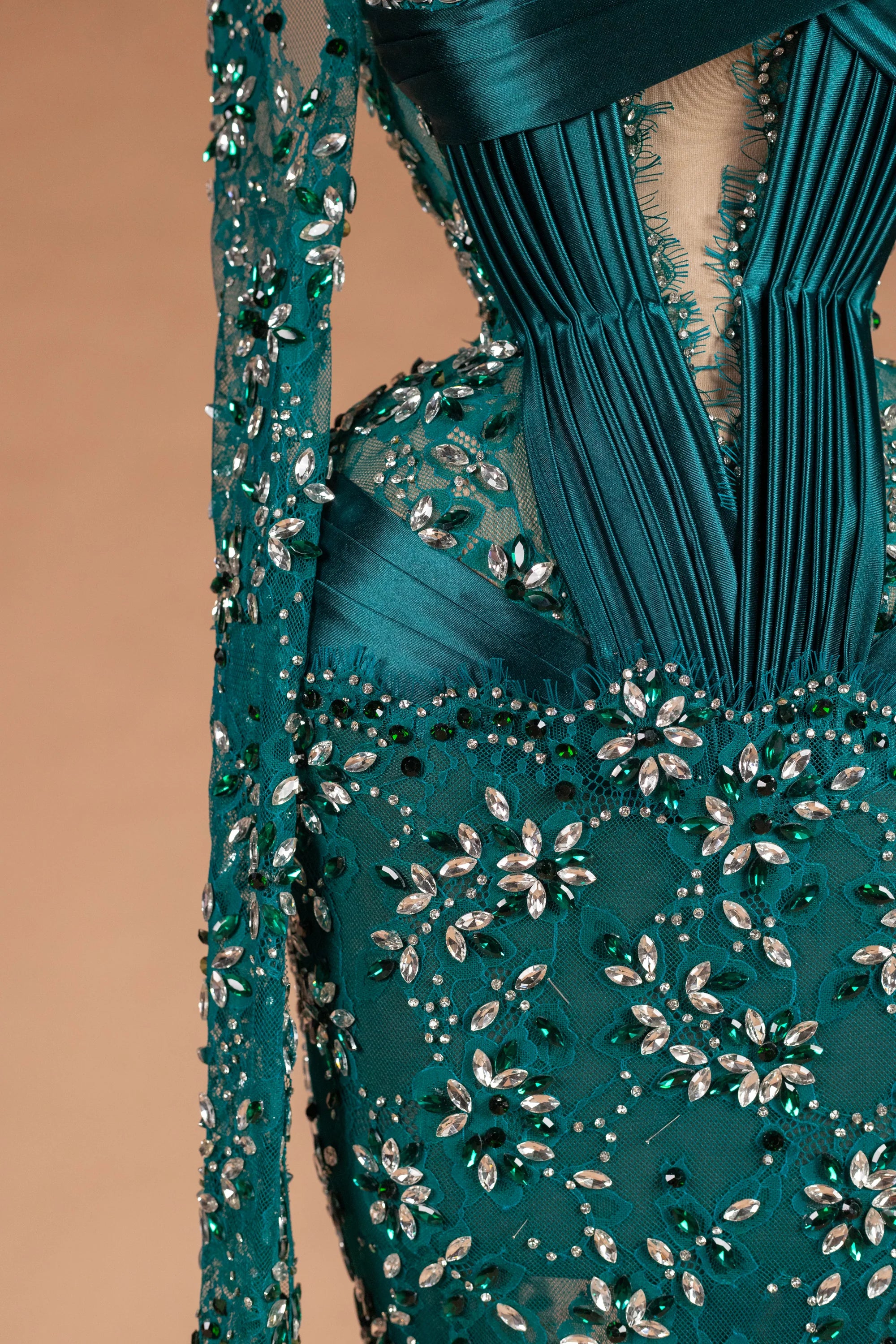 Sihëna Lagoon Marquise — teal asymmetric long-sleeve mermaid evening dress