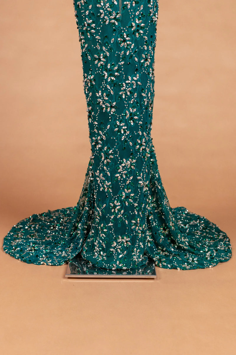 Sihëna Lagoon Marquise — teal asymmetric long-sleeve mermaid evening dress