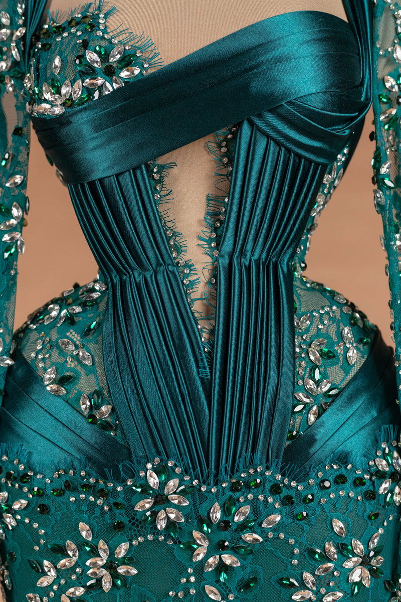 Sihëna Lagoon Marquise — teal asymmetric long-sleeve mermaid evening dress