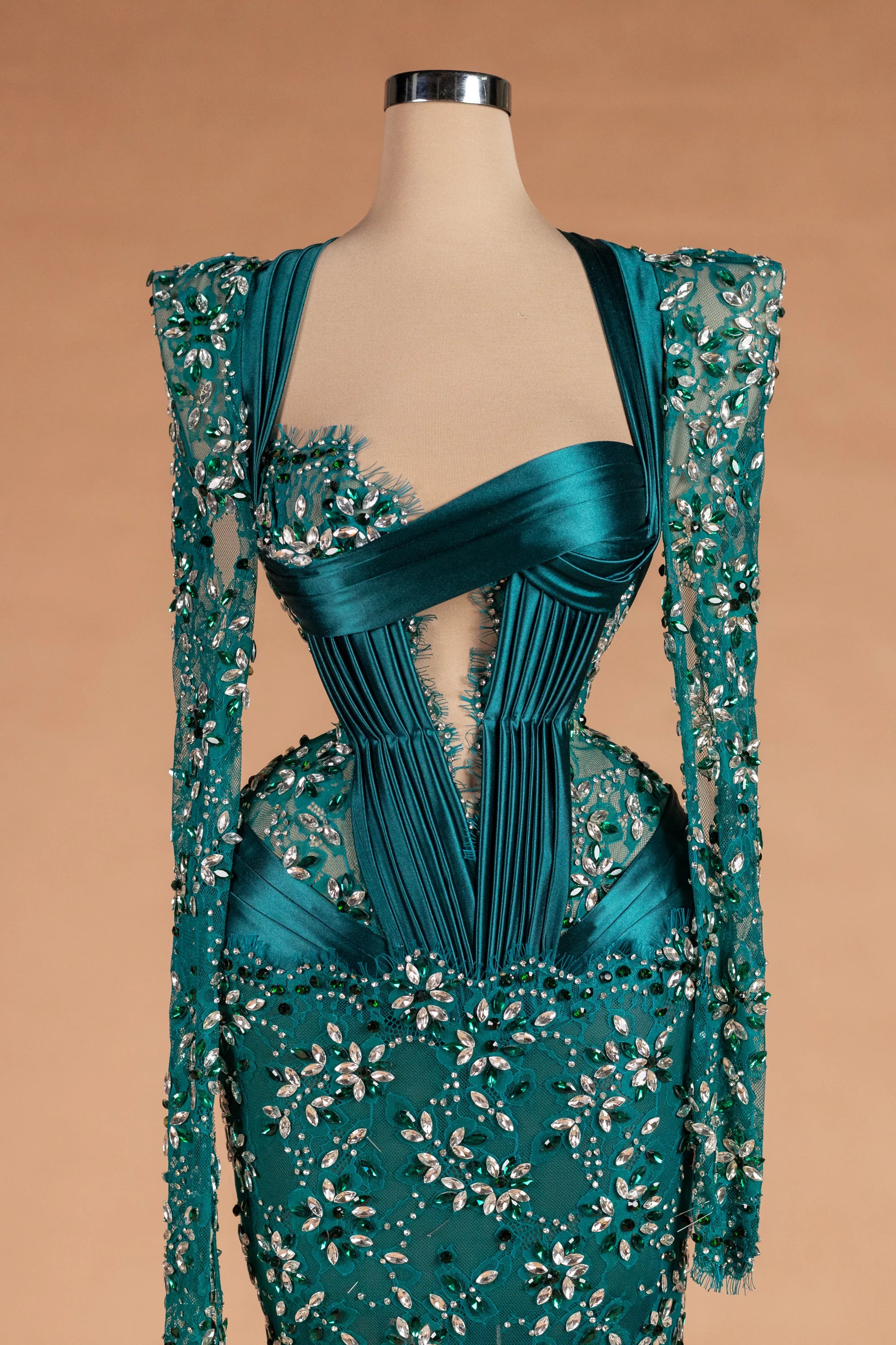 Sihëna Lagoon Marquise — teal asymmetric long-sleeve mermaid evening dress