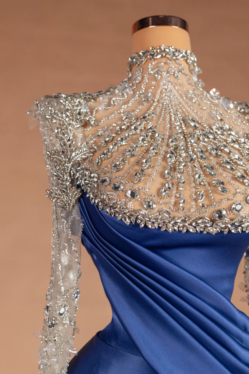 Sihëna Lapis Meridian — cobalt illusion long-sleeve column evening dress