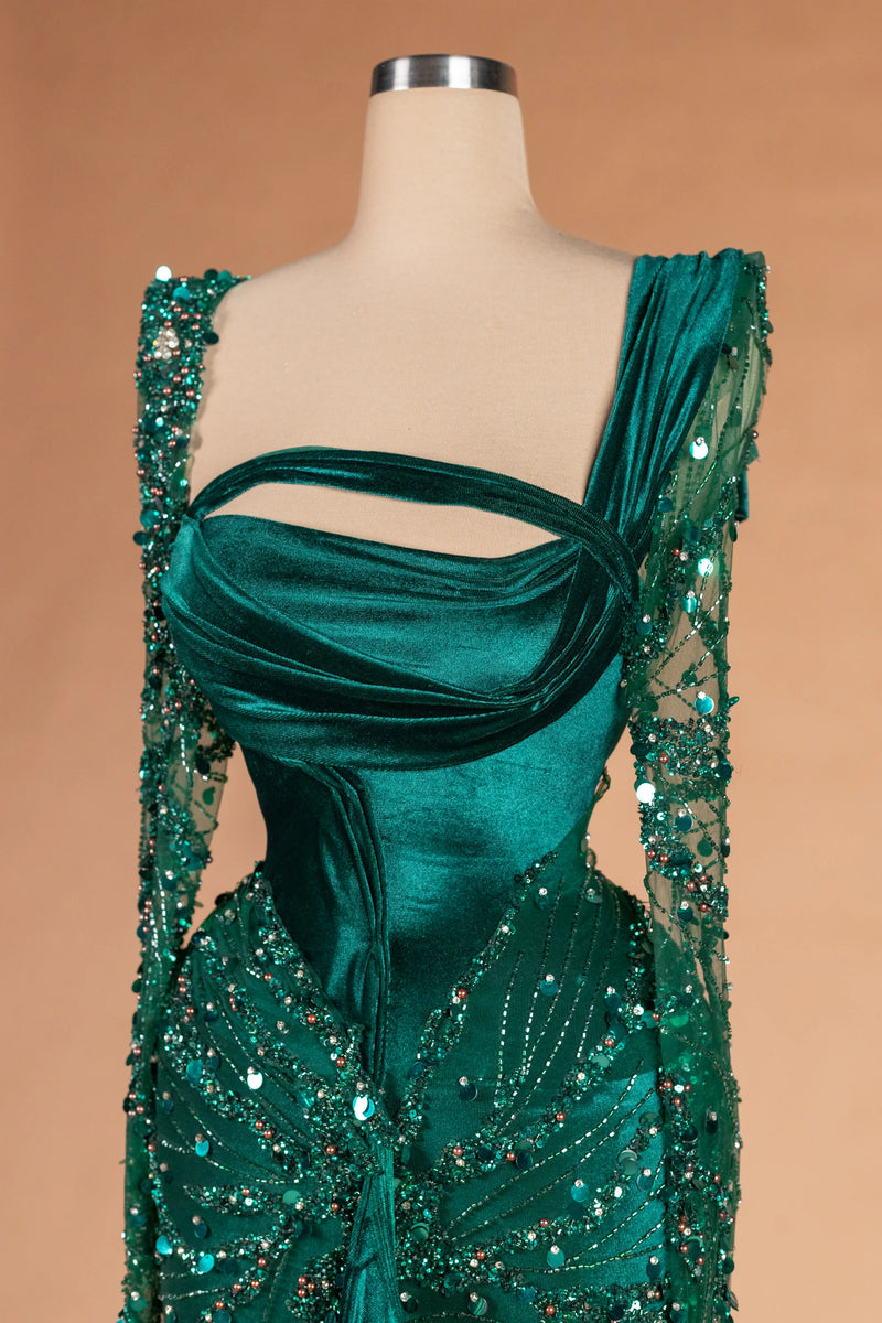 Sihëna Malachite Nocturne — emerald square long-sleeve column evening dress