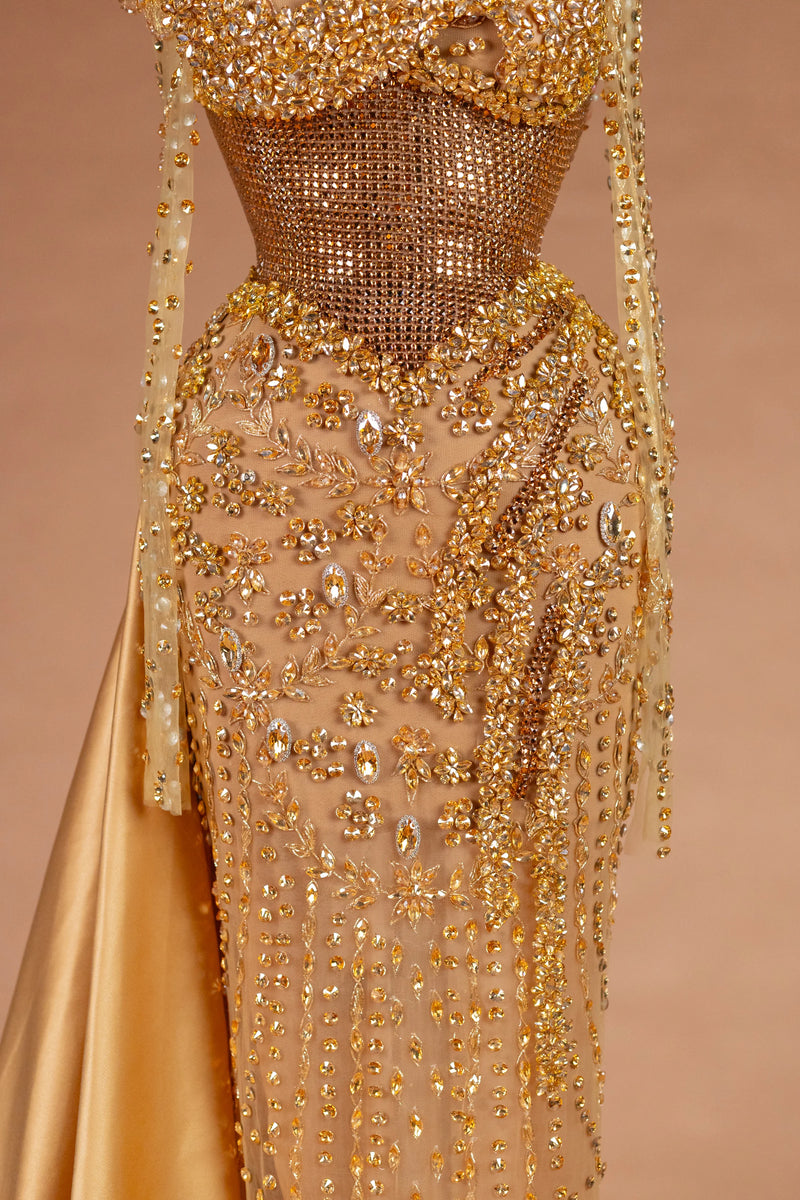 Sihëna Molten Regalia — gold high-neck long-sleeve column evening dress