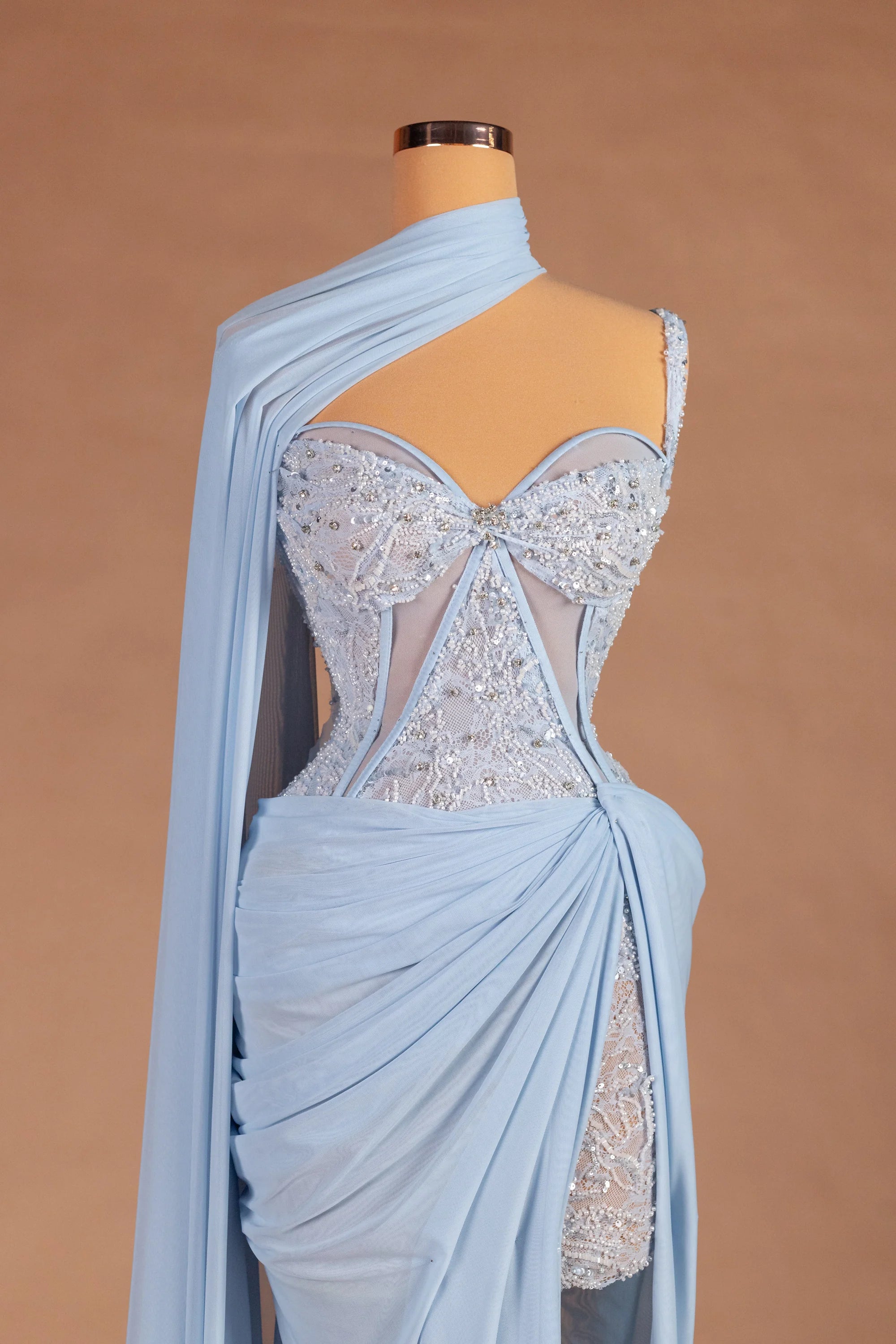 Sihëna Moonstone Drift — powder-blue sweetheart sleeveless fitted evening dress
