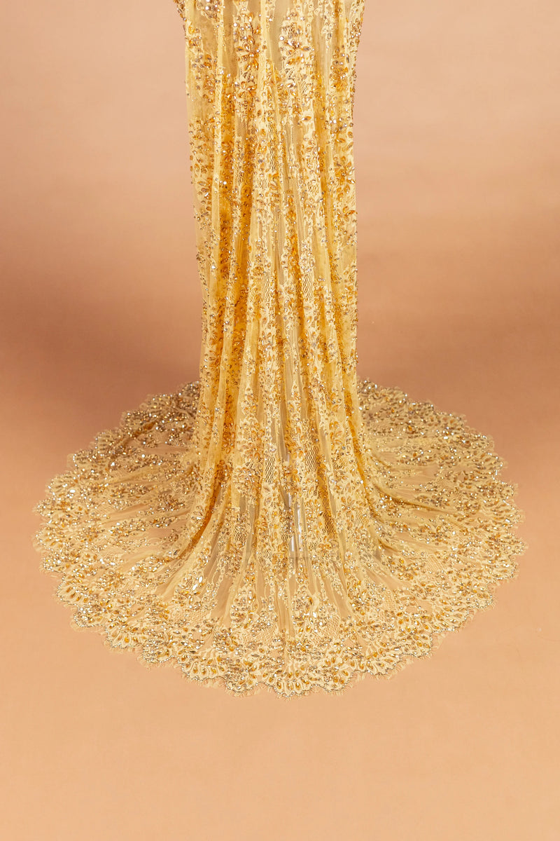 Sihëna Onyx Rivière — gold v-neck off-shoulder mermaid evening dress