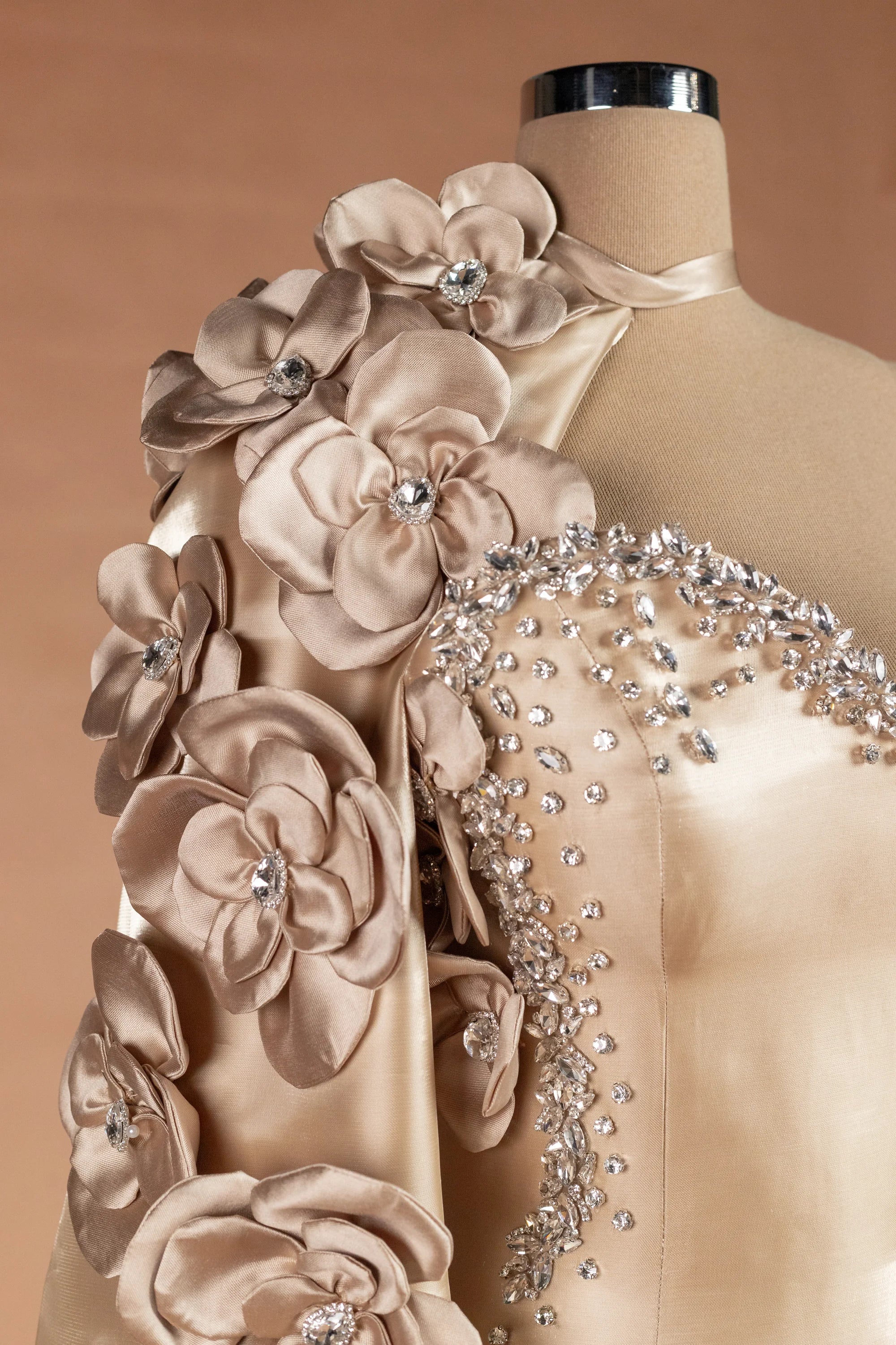 Sihëna Oyster Orchid — champagne asymmetric sleeveless column evening dress