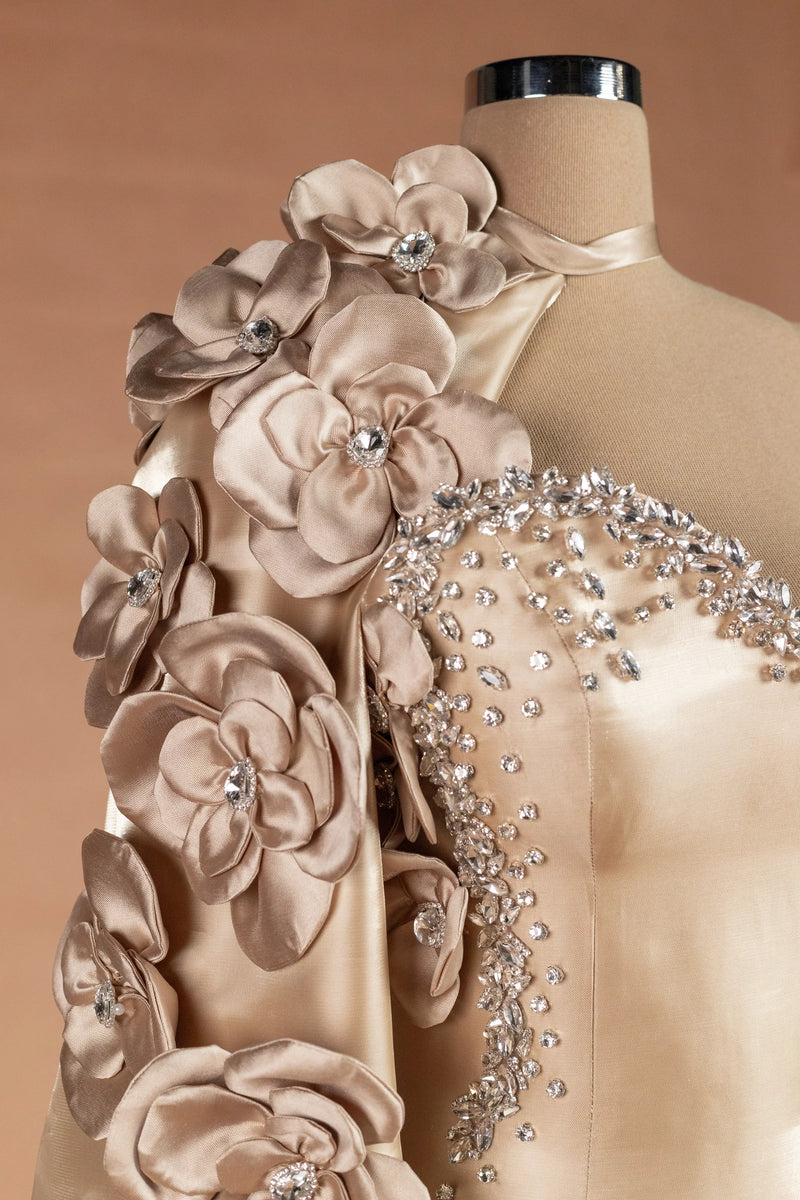 Sihëna Oyster Orchid — champagne asymmetric sleeveless column evening dress