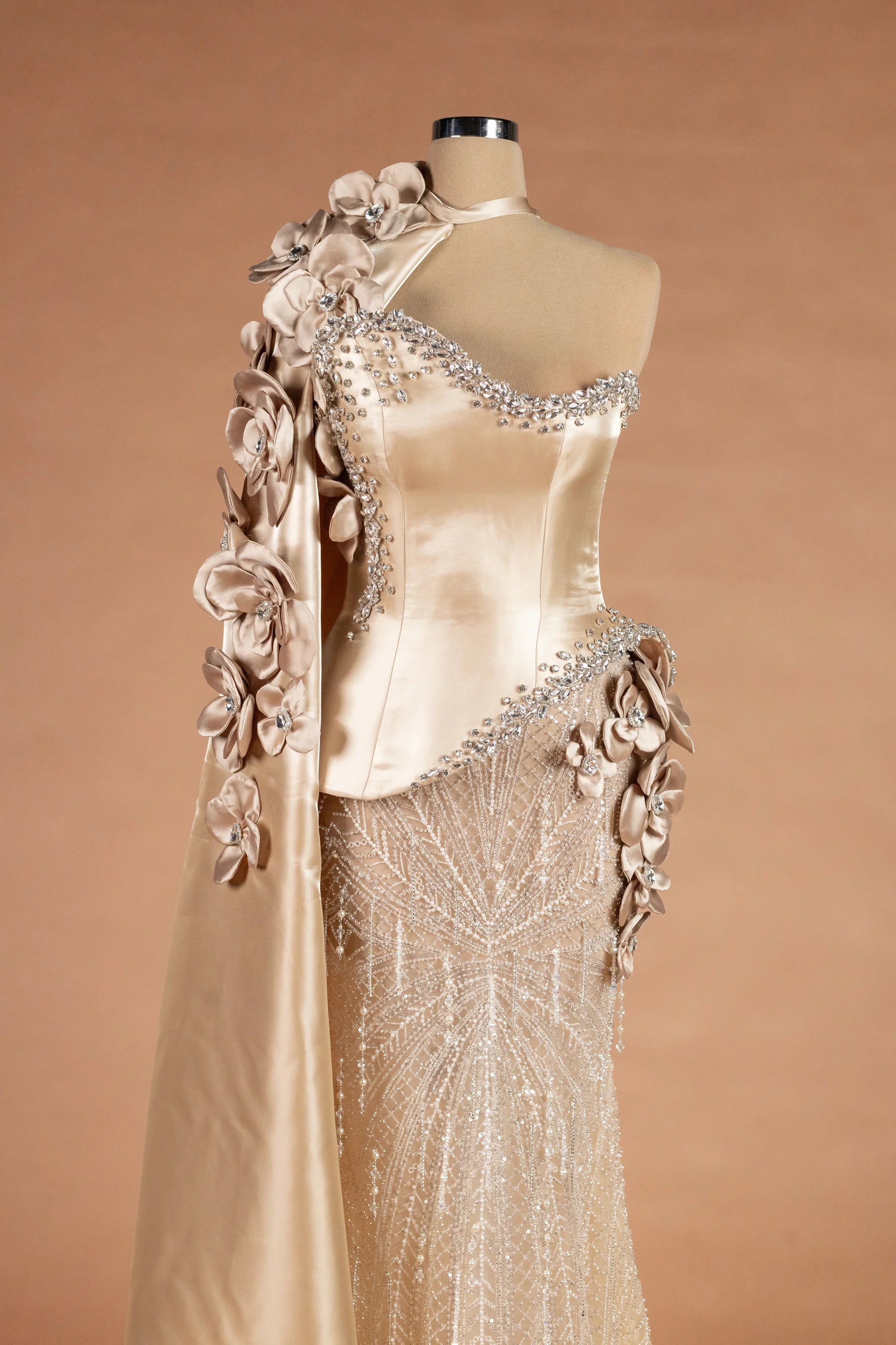 Sihëna Oyster Orchid — champagne asymmetric sleeveless column evening dress