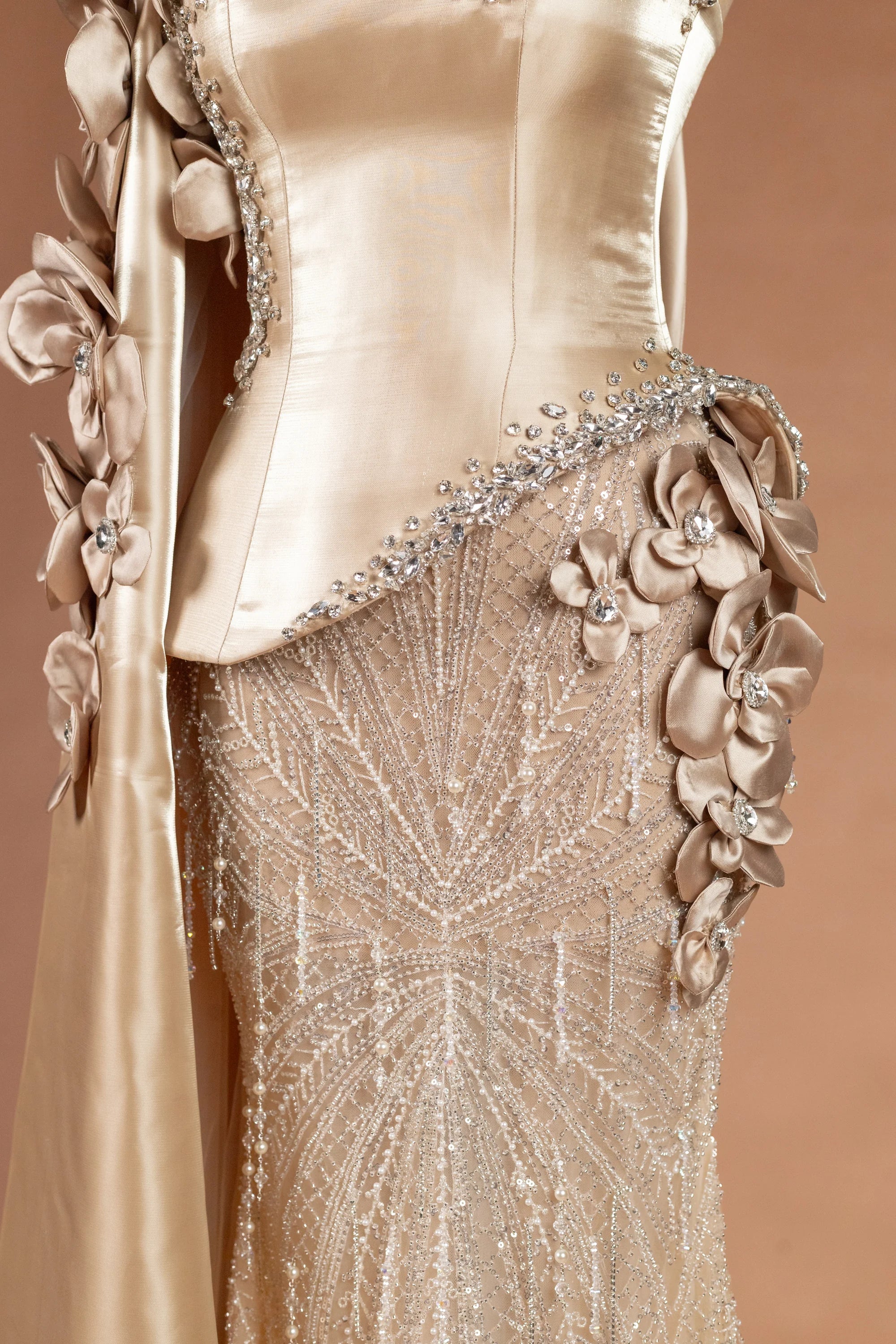 Sihëna Oyster Orchid — champagne asymmetric sleeveless column evening dress