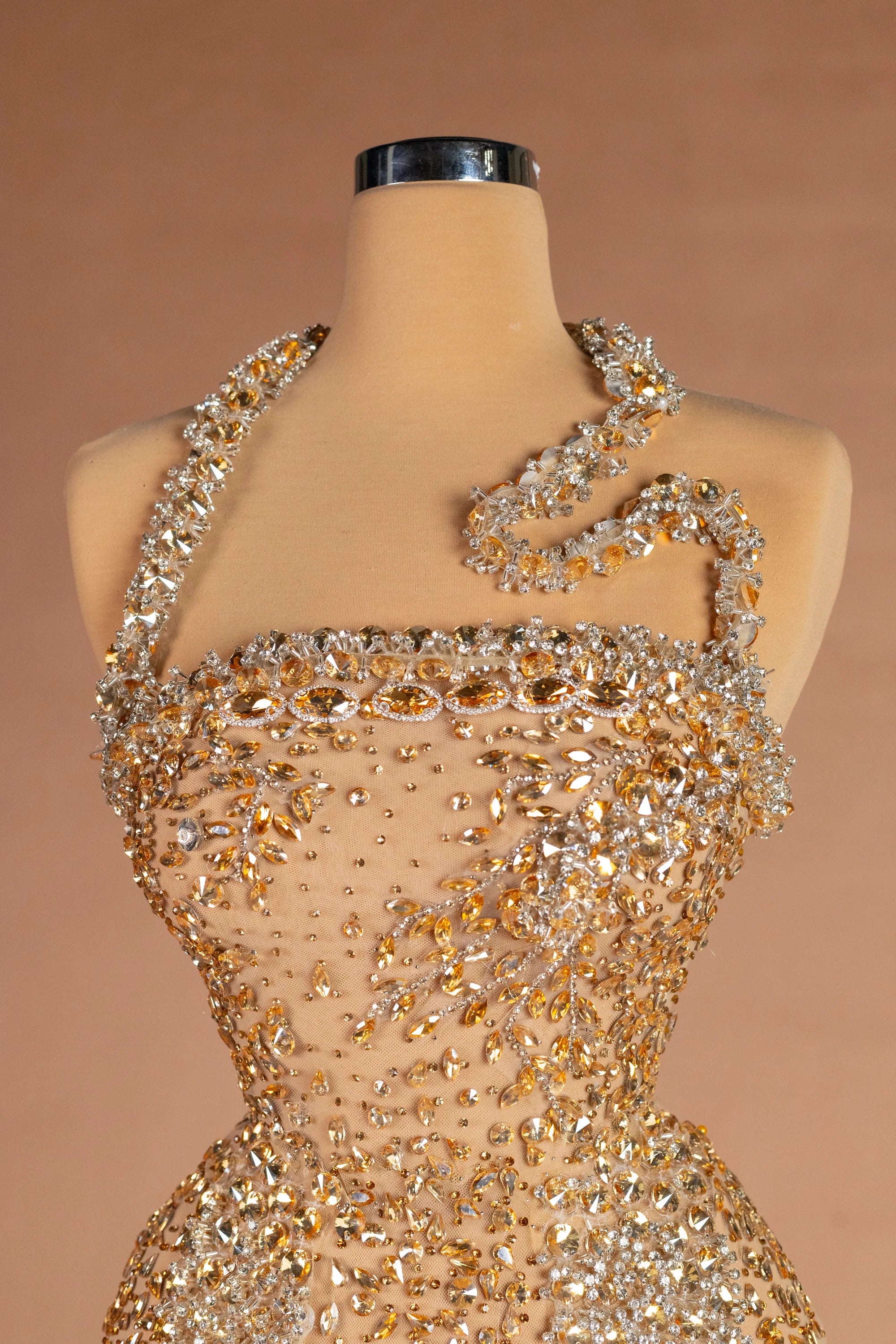 Sihëna Pavé Hourglass — gold halter sleeveless fitted evening dress