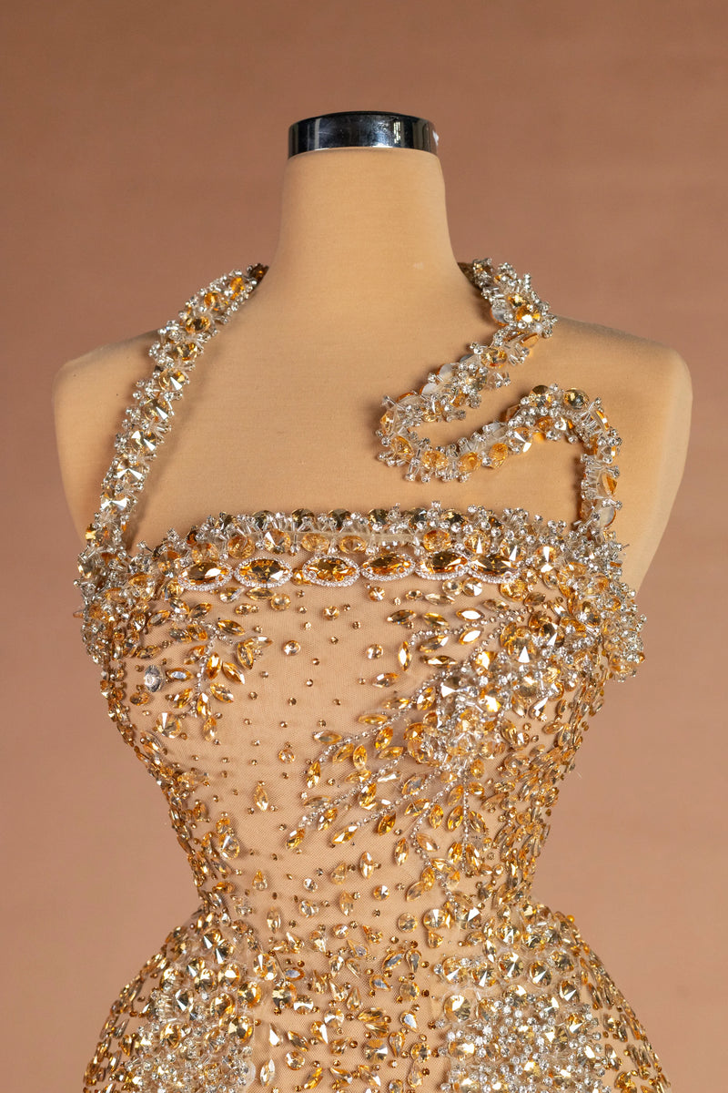 Sihëna Pavé Hourglass — gold halter sleeveless fitted evening dress