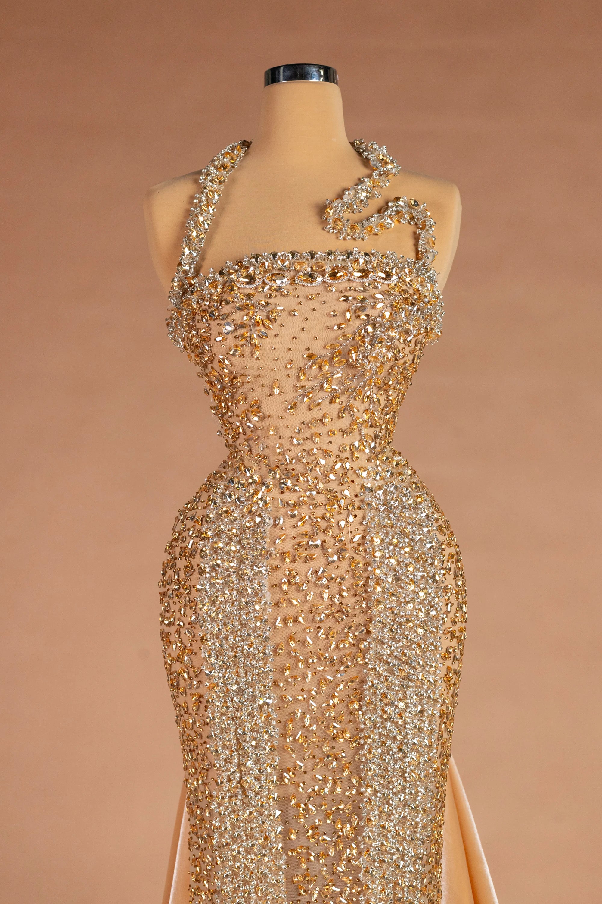 Sihëna Pavé Hourglass — gold halter sleeveless fitted evening dress