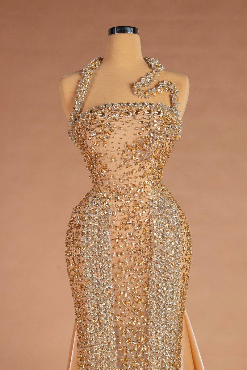 Sihëna Pavé Hourglass — gold halter sleeveless fitted evening dress