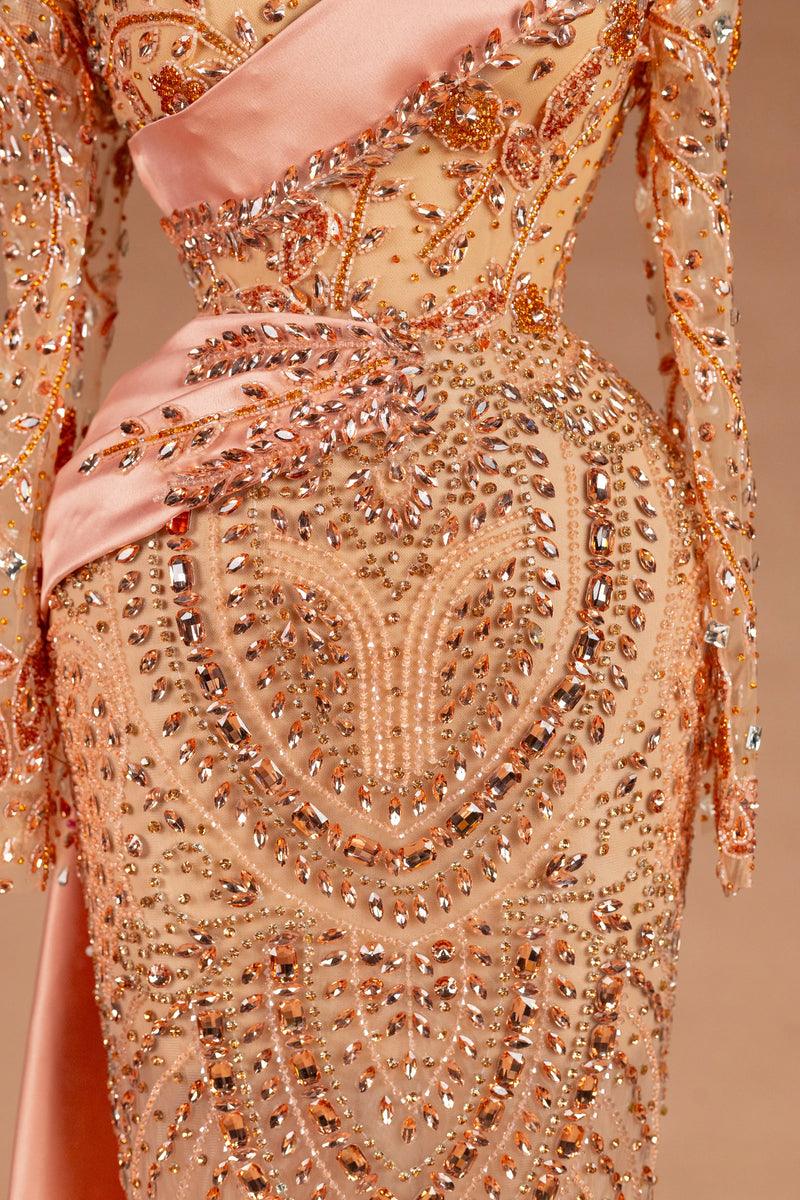 Sihëna Peach Aubade — blush halter off-shoulder column evening dress