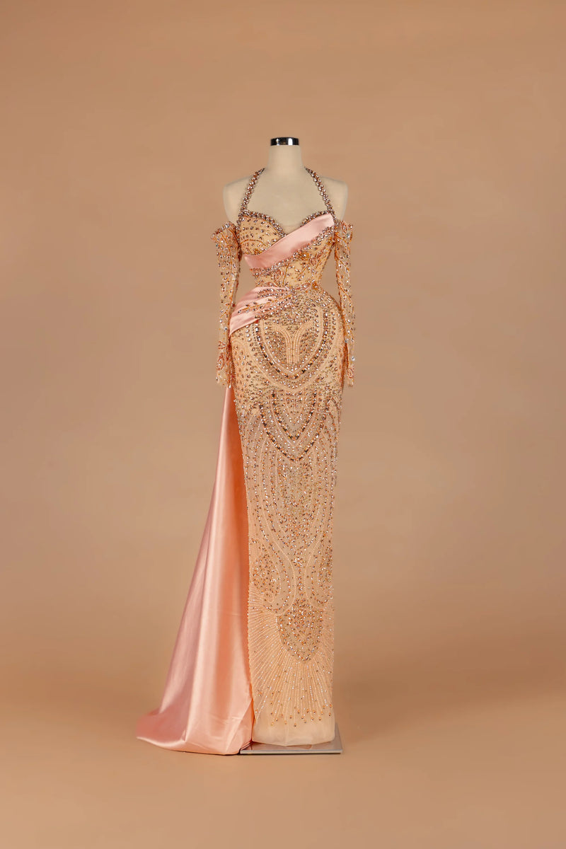 Sihëna Peach Aubade — blush halter off-shoulder column gown with allover crystal beadwork.