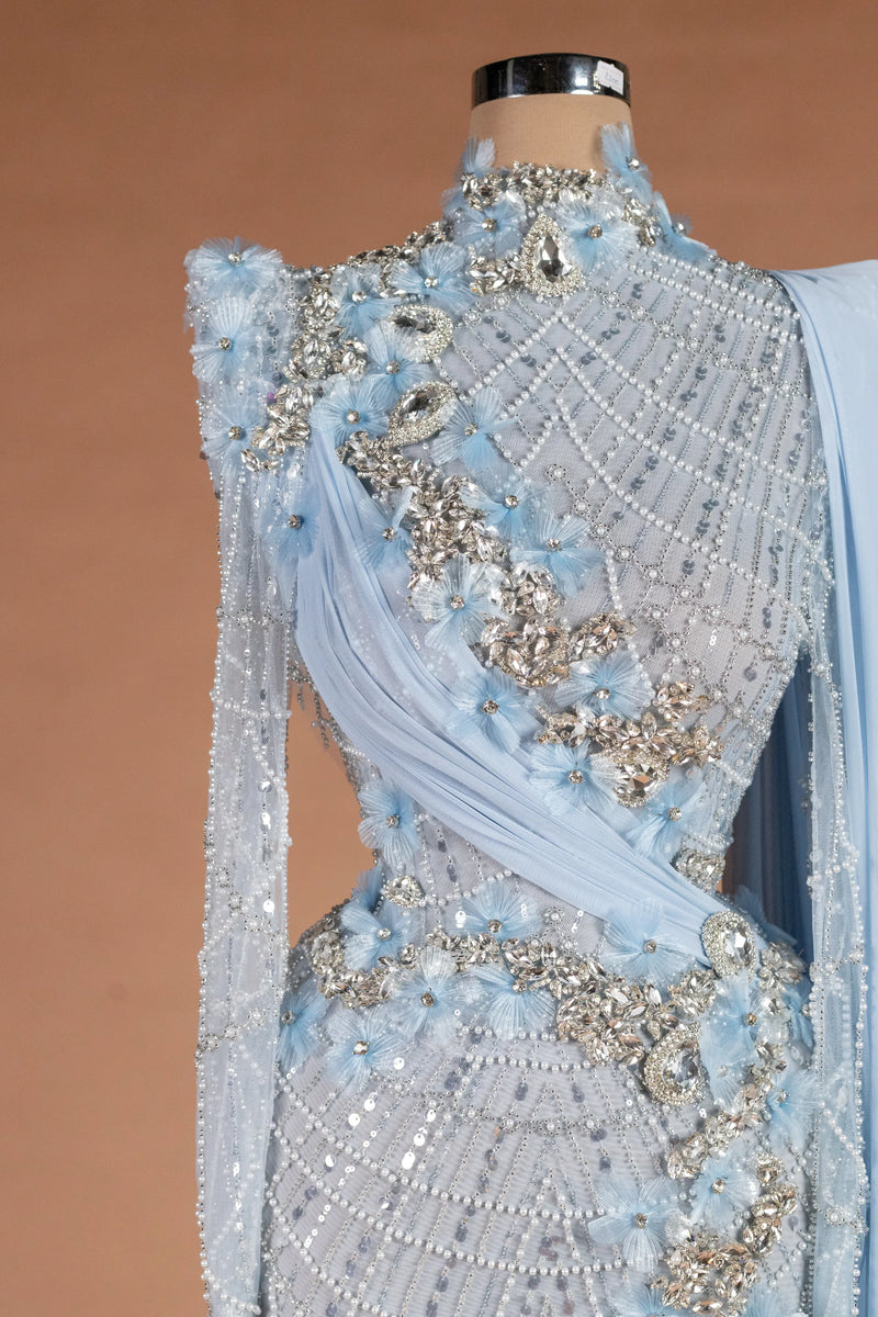 Sihëna Pearl Solstice — powder-blue high-neck long-sleeve column evening dress