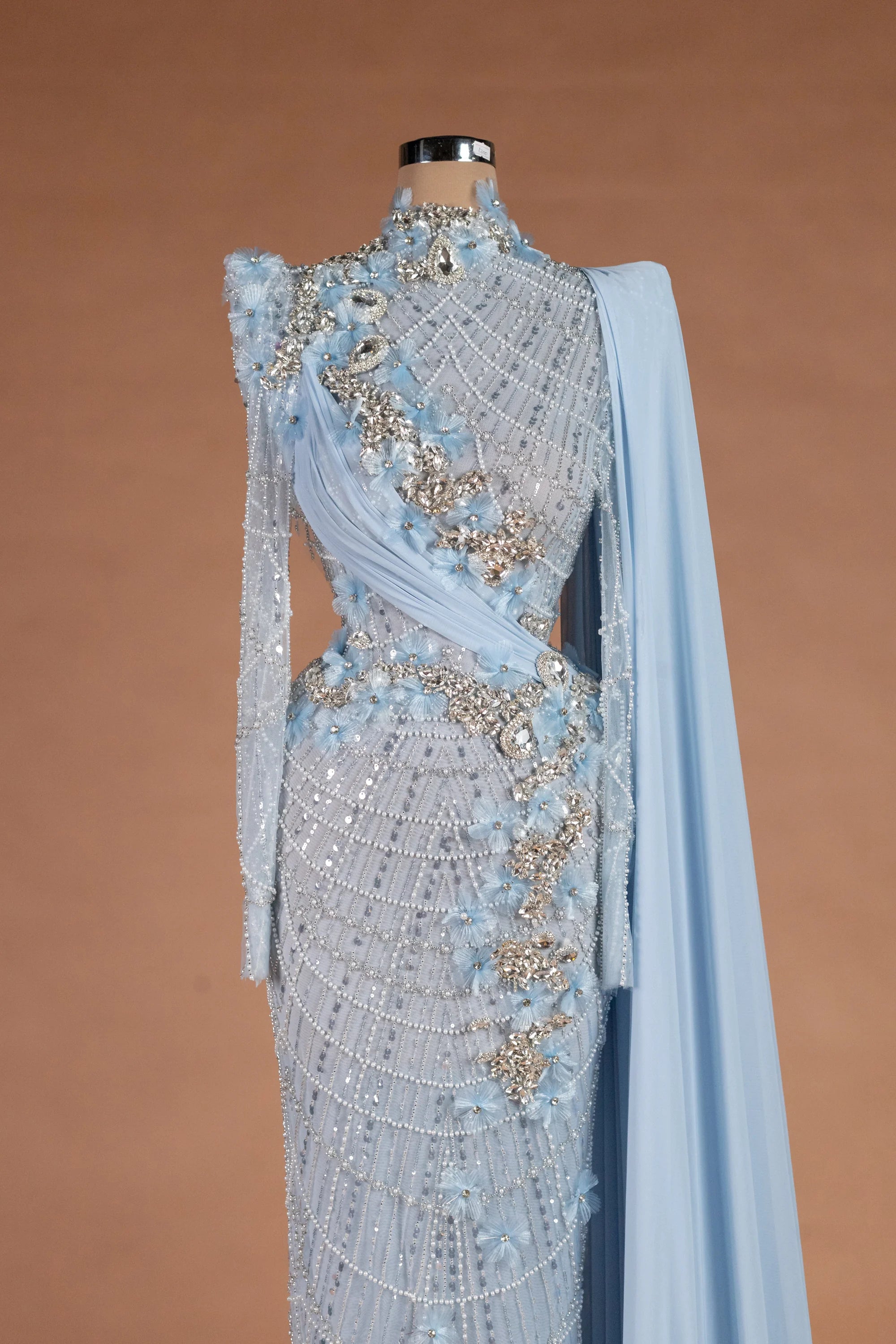 Sihëna Pearl Solstice — powder-blue high-neck long-sleeve column evening dress
