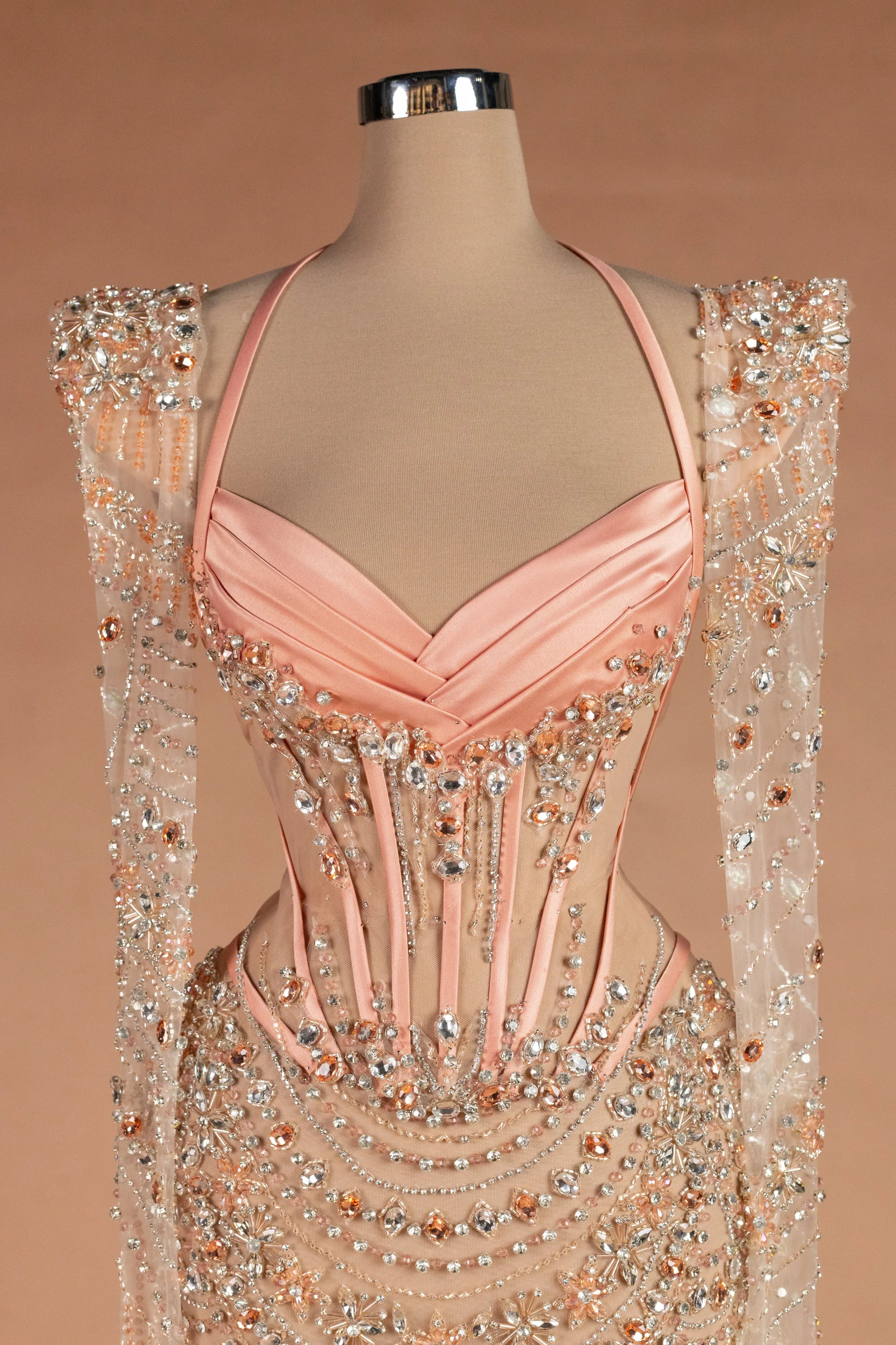 Sihëna Peony Sautoir — blush sweetheart long-sleeve sheath evening dress