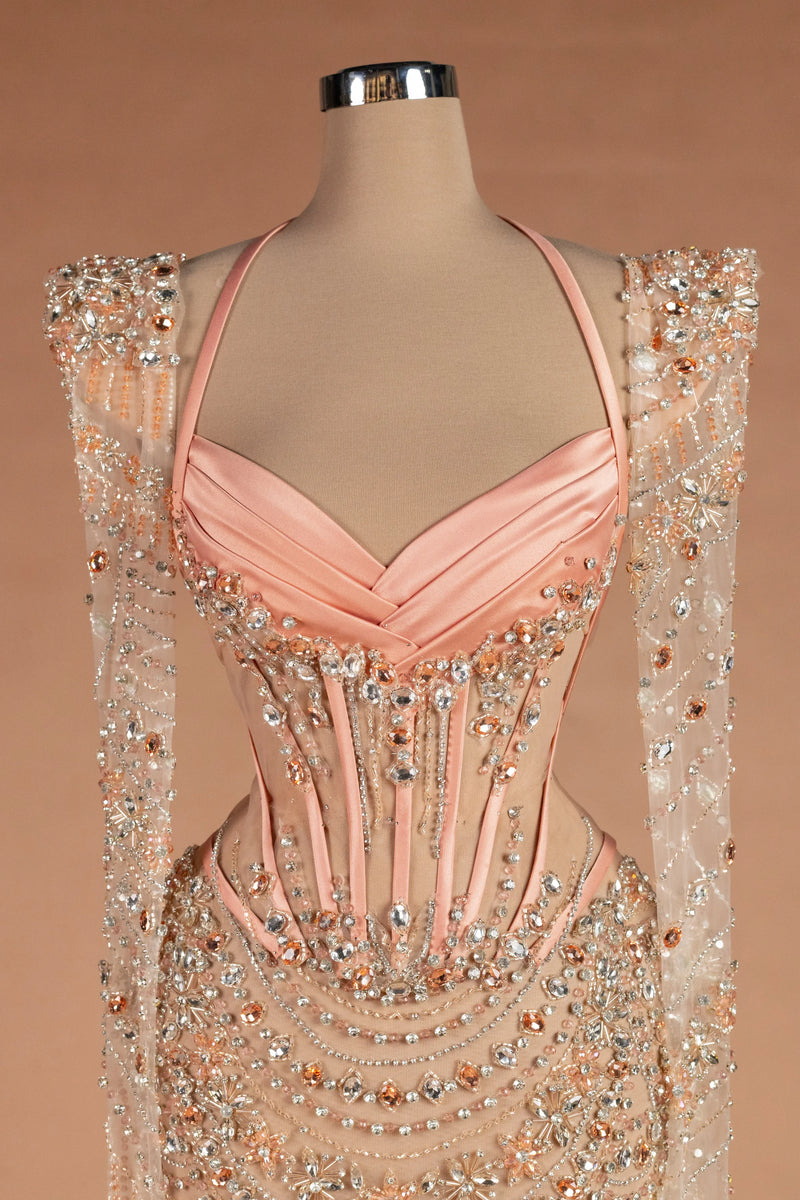 Sihëna Peony Sautoir — blush sweetheart long-sleeve sheath evening dress