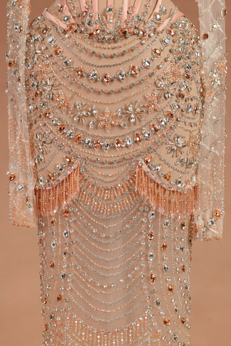 Sihëna Peony Sautoir — blush sweetheart long-sleeve sheath evening dress