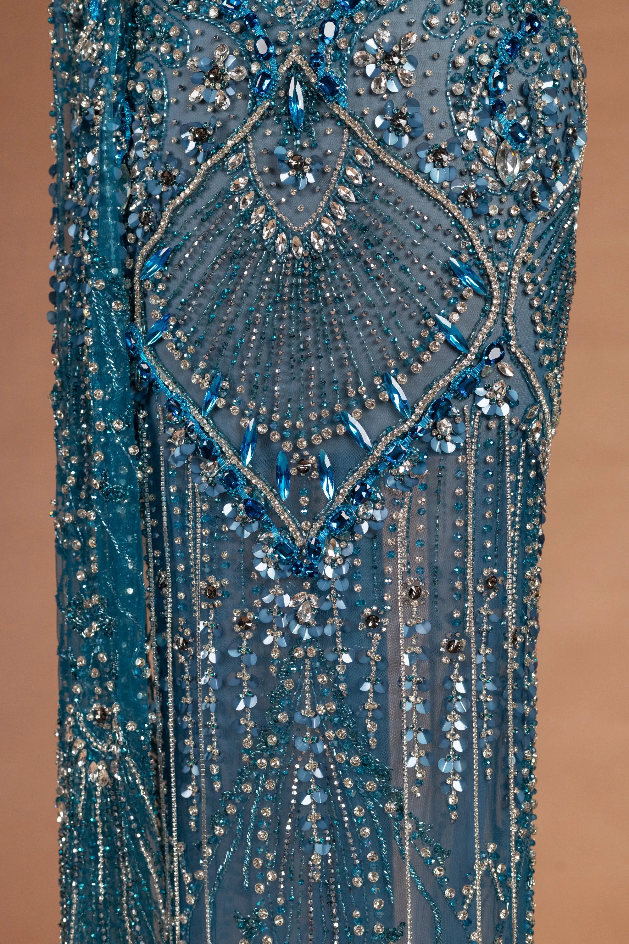 Sihëna Periwinkle Sunburst — powder-blue halter sleeveless column evening dress