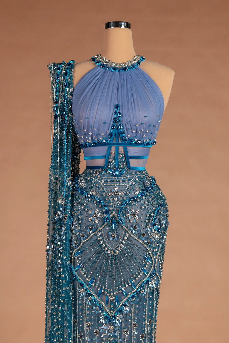 Sihëna Periwinkle Sunburst — powder-blue halter sleeveless column evening dress