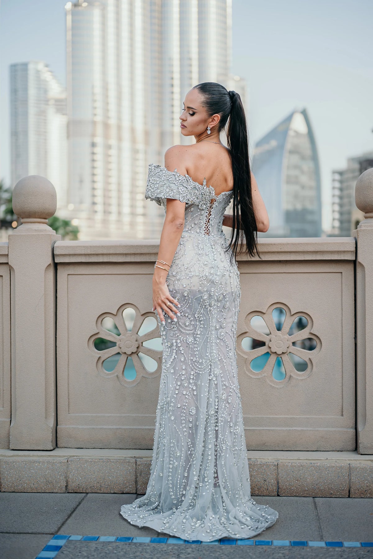 Sihëna Platinum Aigrette — silver sweetheart off-shoulder column evening dress