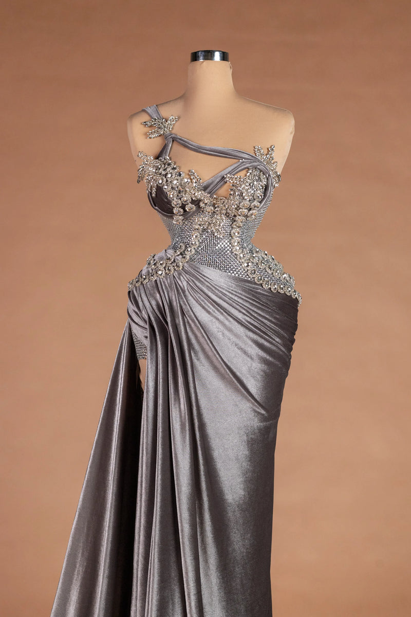 Sihëna Quicksilver Drift — silver one-shoulder sleeveless fitted evening dress