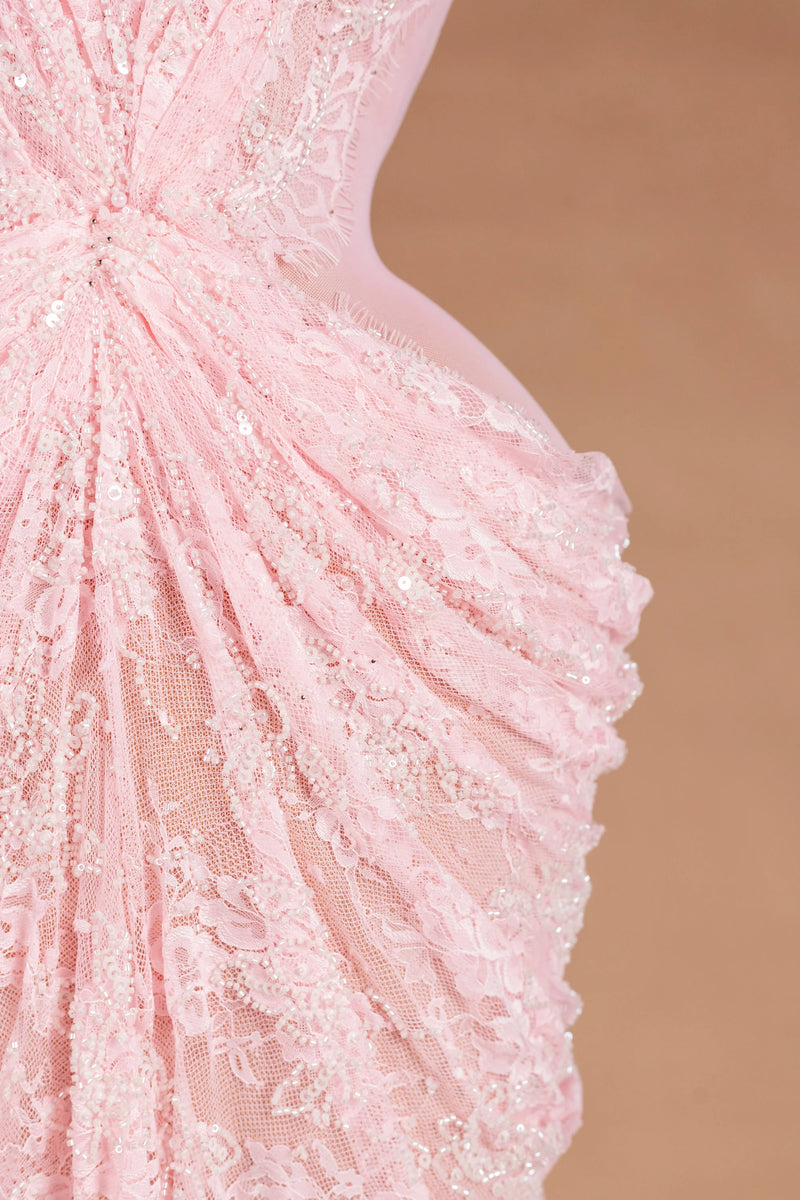 Sihëna Rosewater Mist — pink strapless sleeveless sheath evening dress