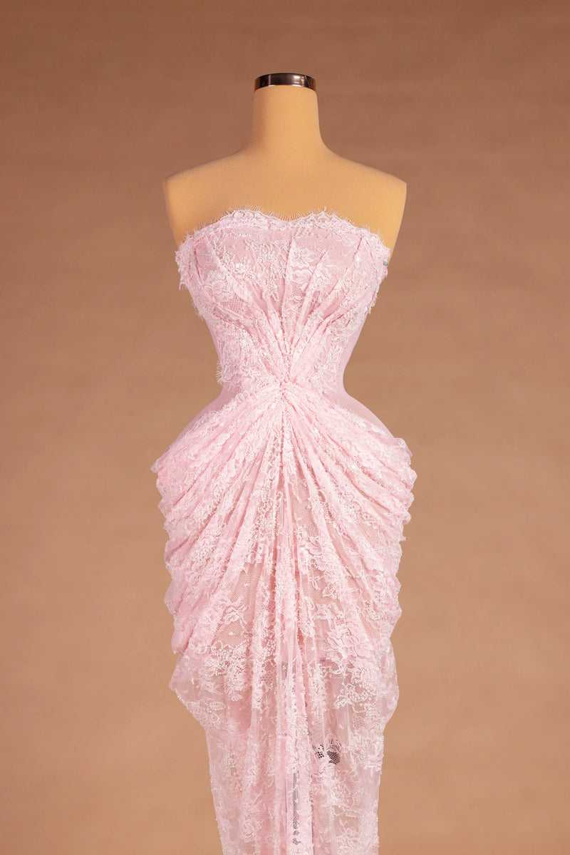 Sihëna Rosewater Mist — pink strapless sleeveless sheath evening dress