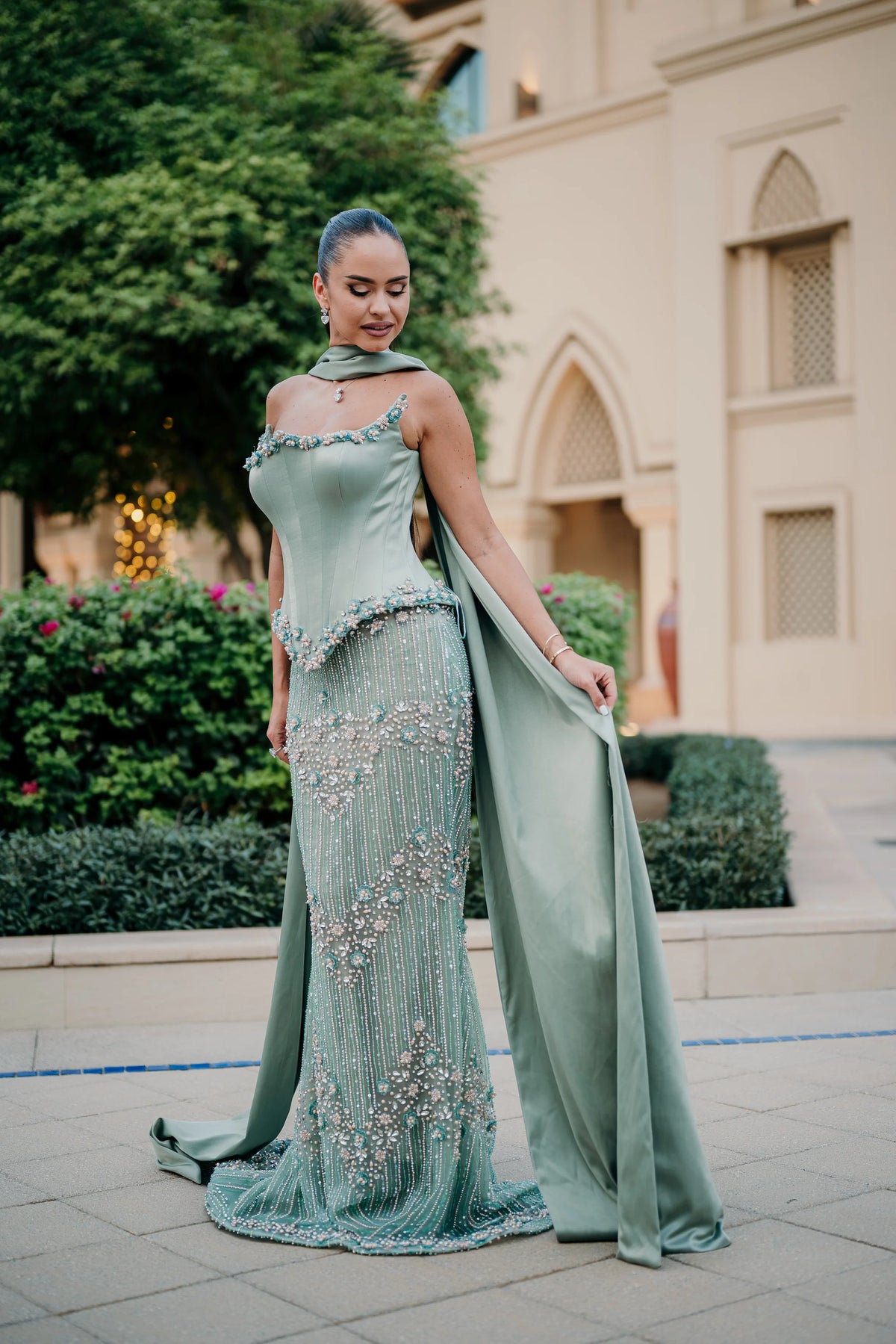 Sihëna Seaglass Idyll — sage-green square spaghetti-strap column evening dress