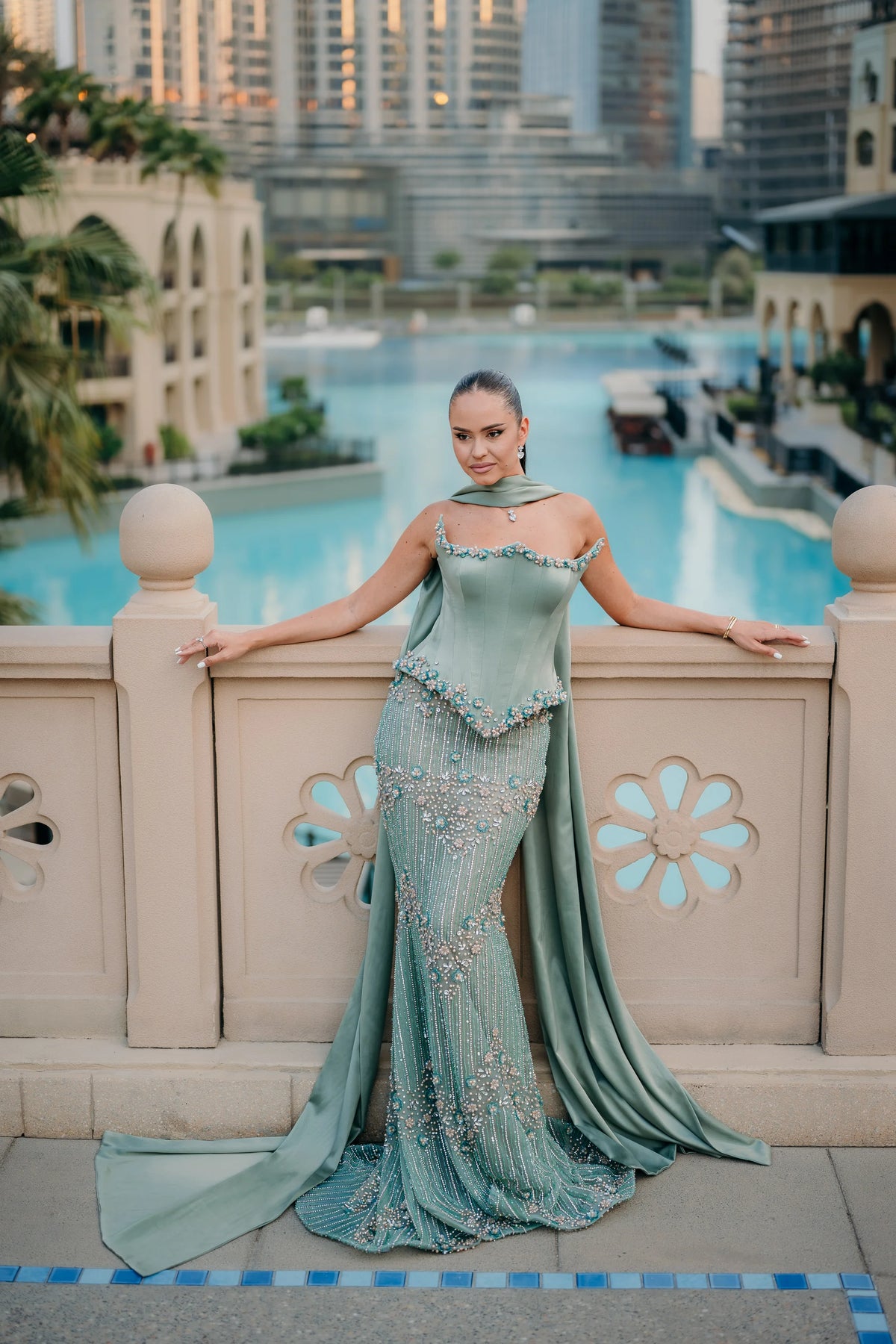 Sihëna Seaglass Idyll — sage-green square spaghetti-strap column evening dress