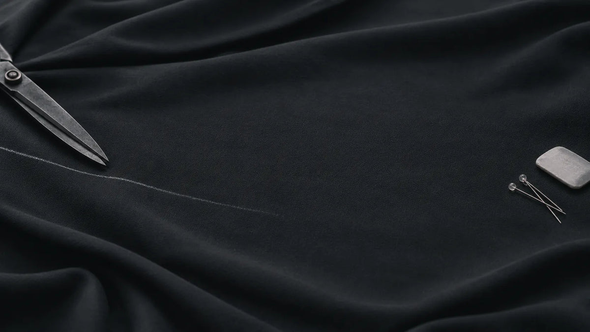 Black crepe in soft folds, with closed steel shears, a fading chalk line, two glass-headed pins and a piece of grey chalk.