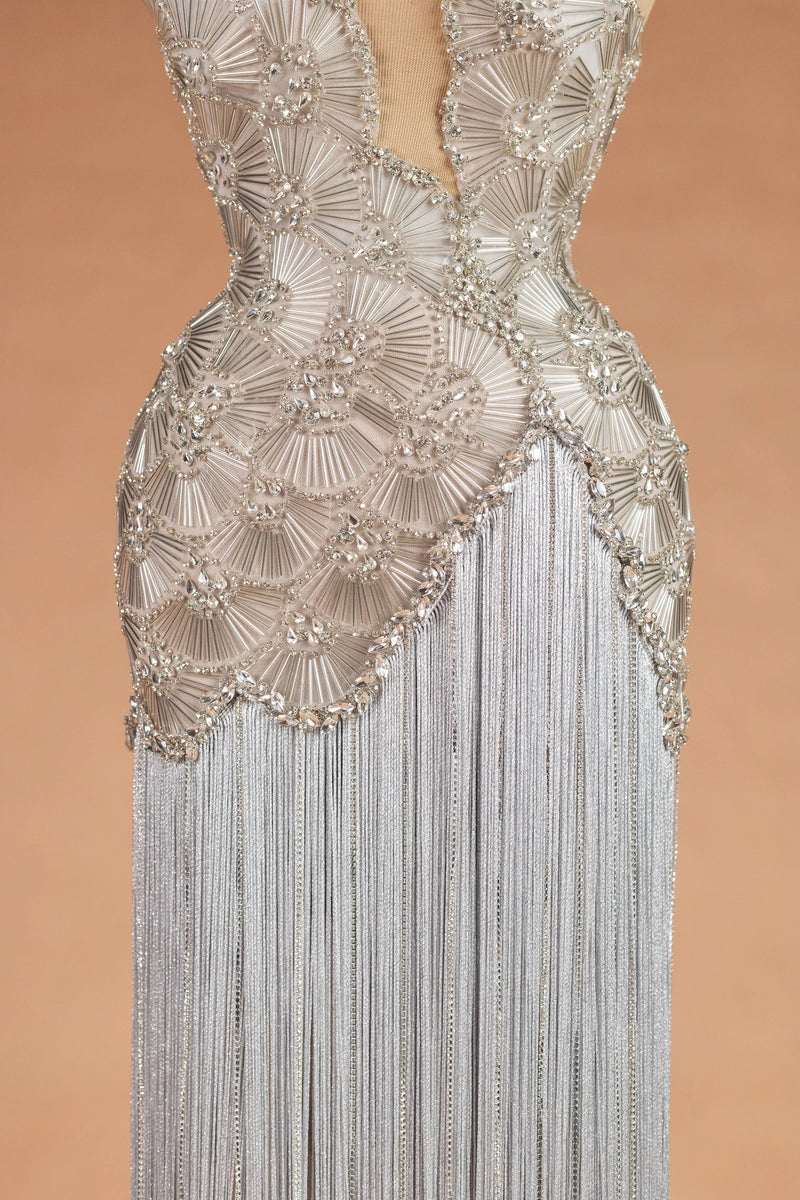 Sihëna Sterling Cloudburst — silver v-neck sleeveless column evening dress