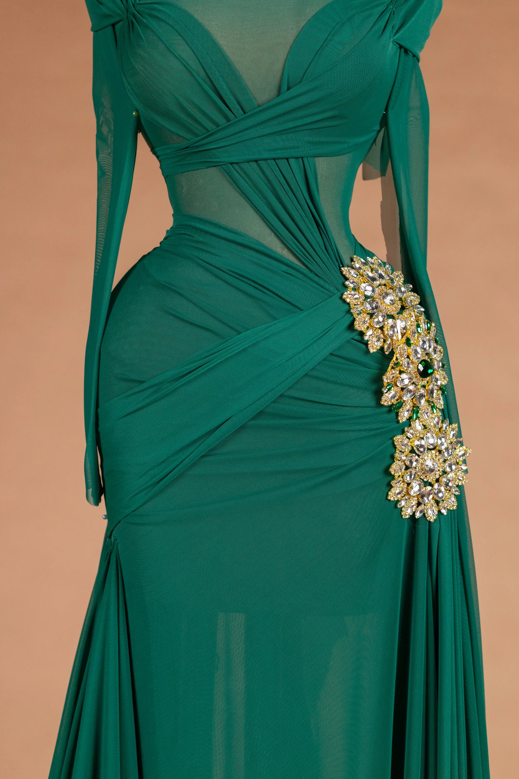 Sihëna Sylvan Oracle — emerald illusion long-sleeve a-line evening dress